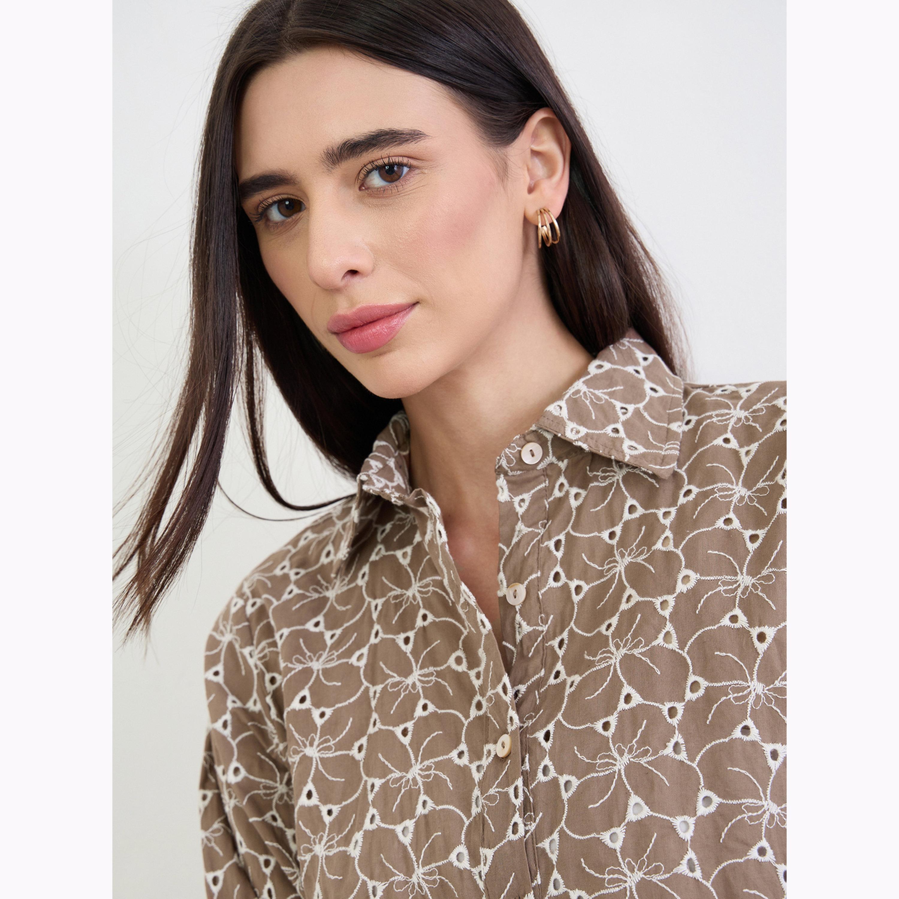 Styli Brown Floral Embroidered Cotton Shirt-women-clothing-shirtsandblouses-shirts-image-5
