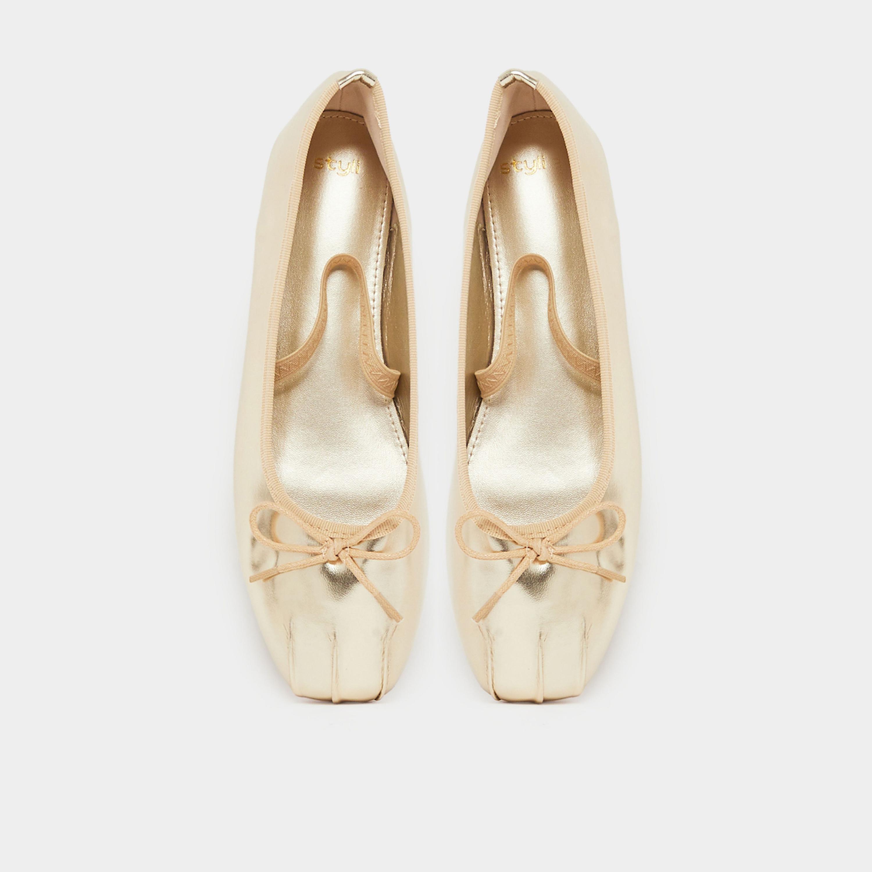 Styli Gold Bow Detail Flat Ballerinas-women-shoes-ballerinas-image-3