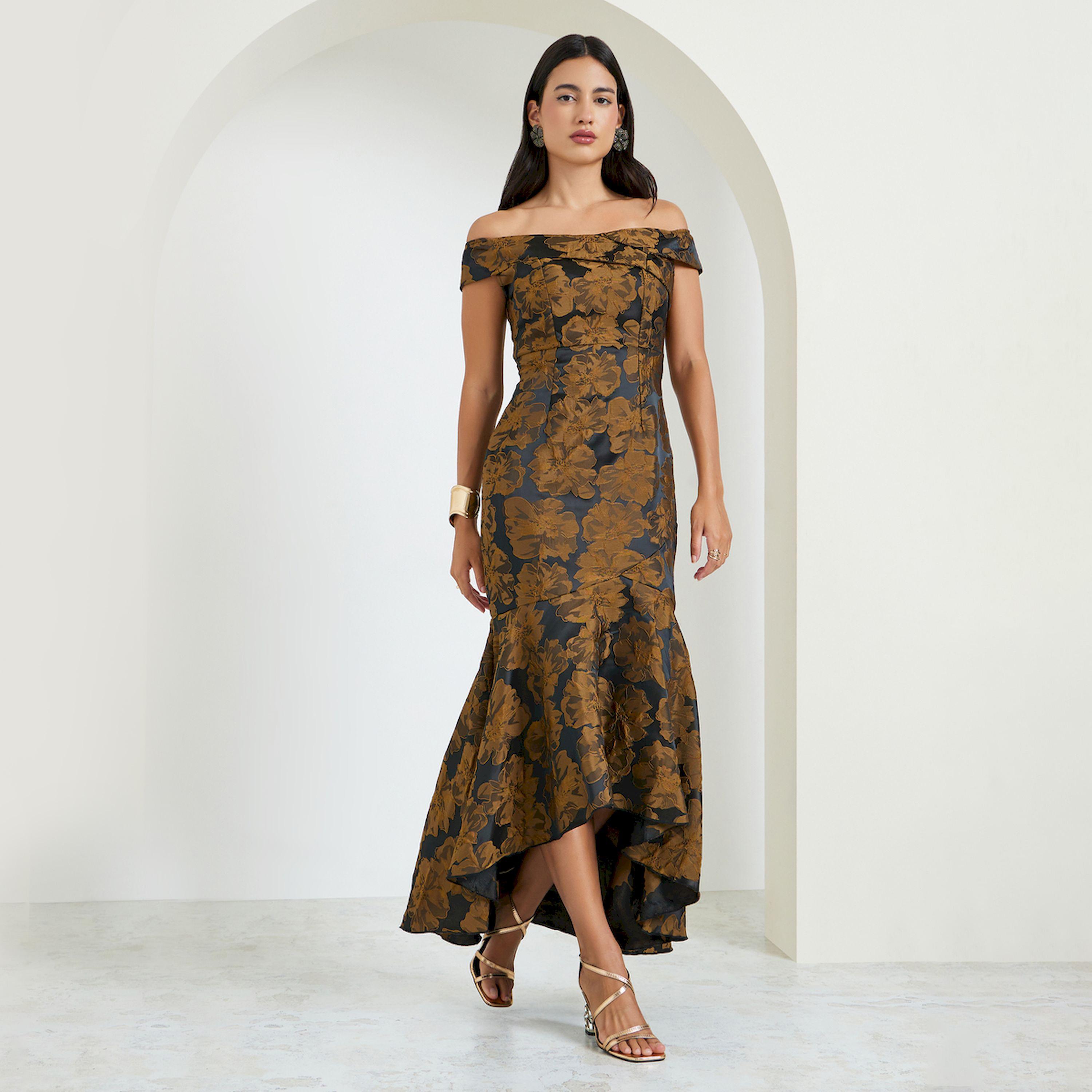 Styli Black Jacquard Off Shoulder Mermaid Hem Maxi Dress-women-clothing-dresses-image-1