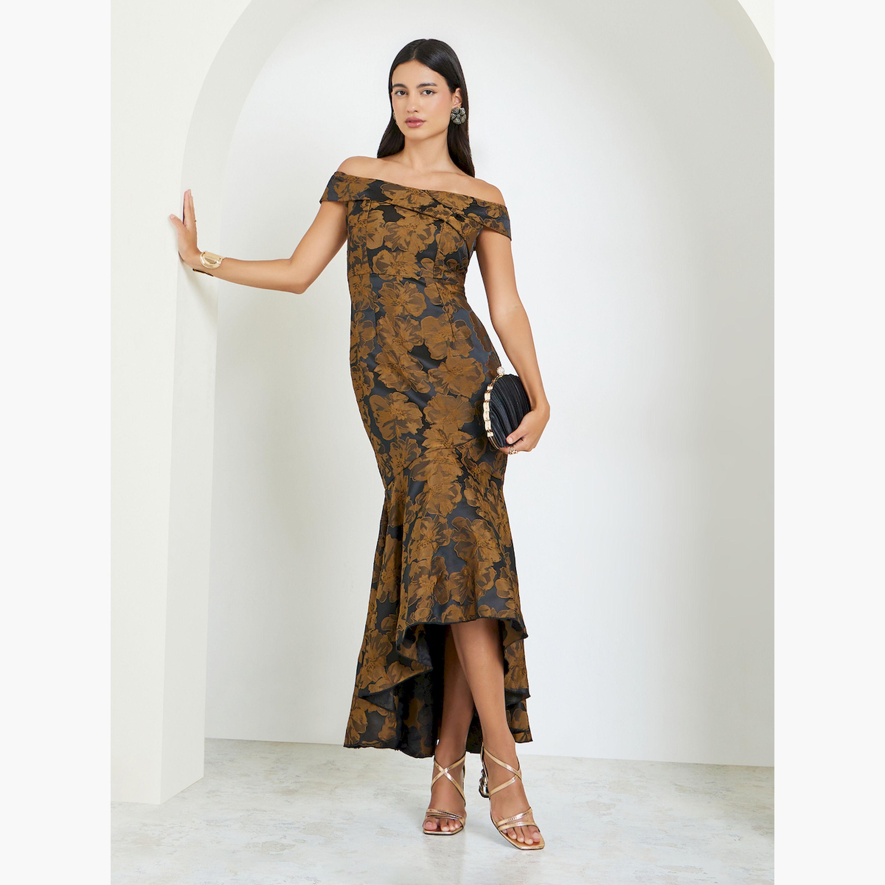 Styli Black Jacquard Off Shoulder Mermaid Hem Maxi Dress-women-clothing-dresses-image-3
