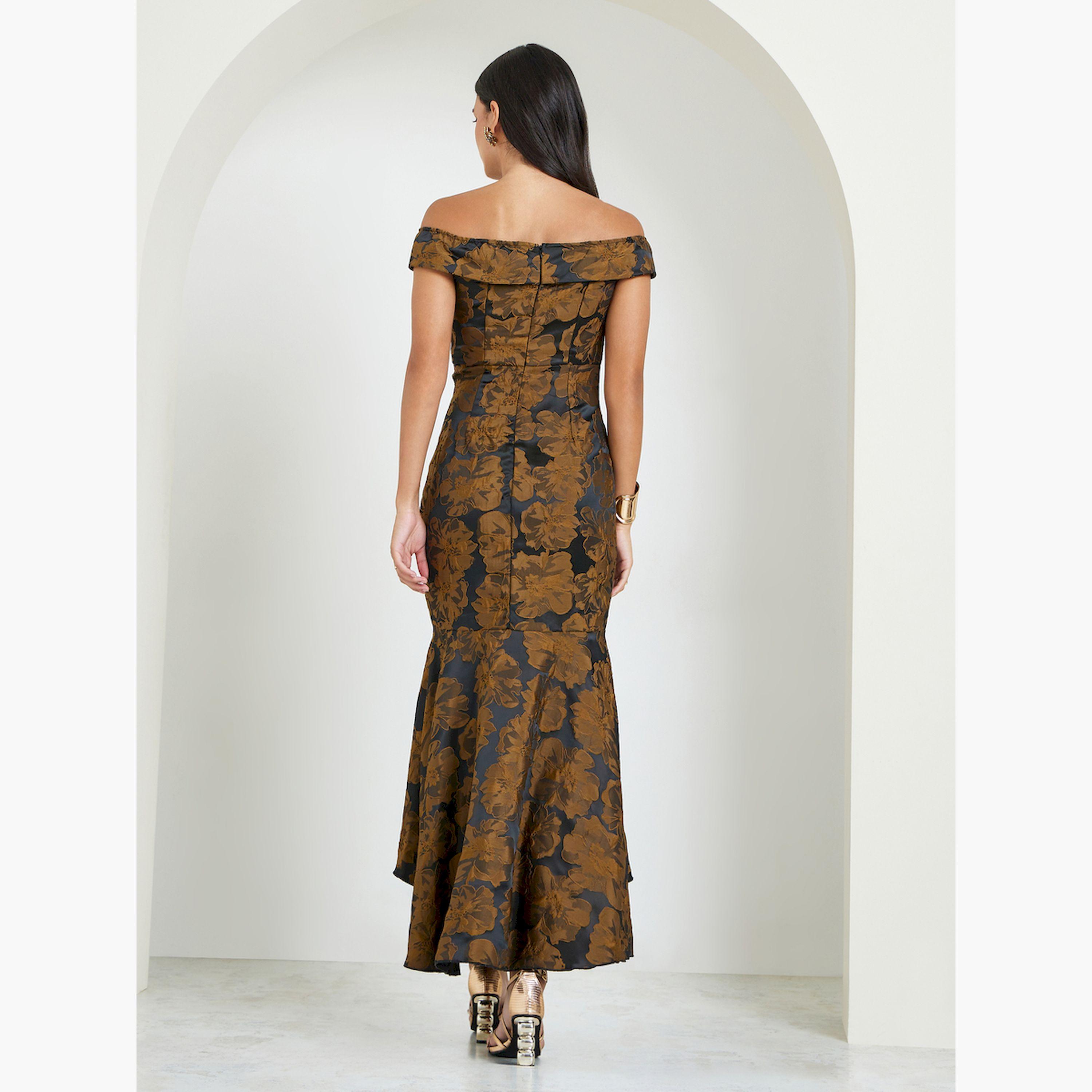 Styli Black Jacquard Off Shoulder Mermaid Hem Maxi Dress-women-clothing-dresses-image-4