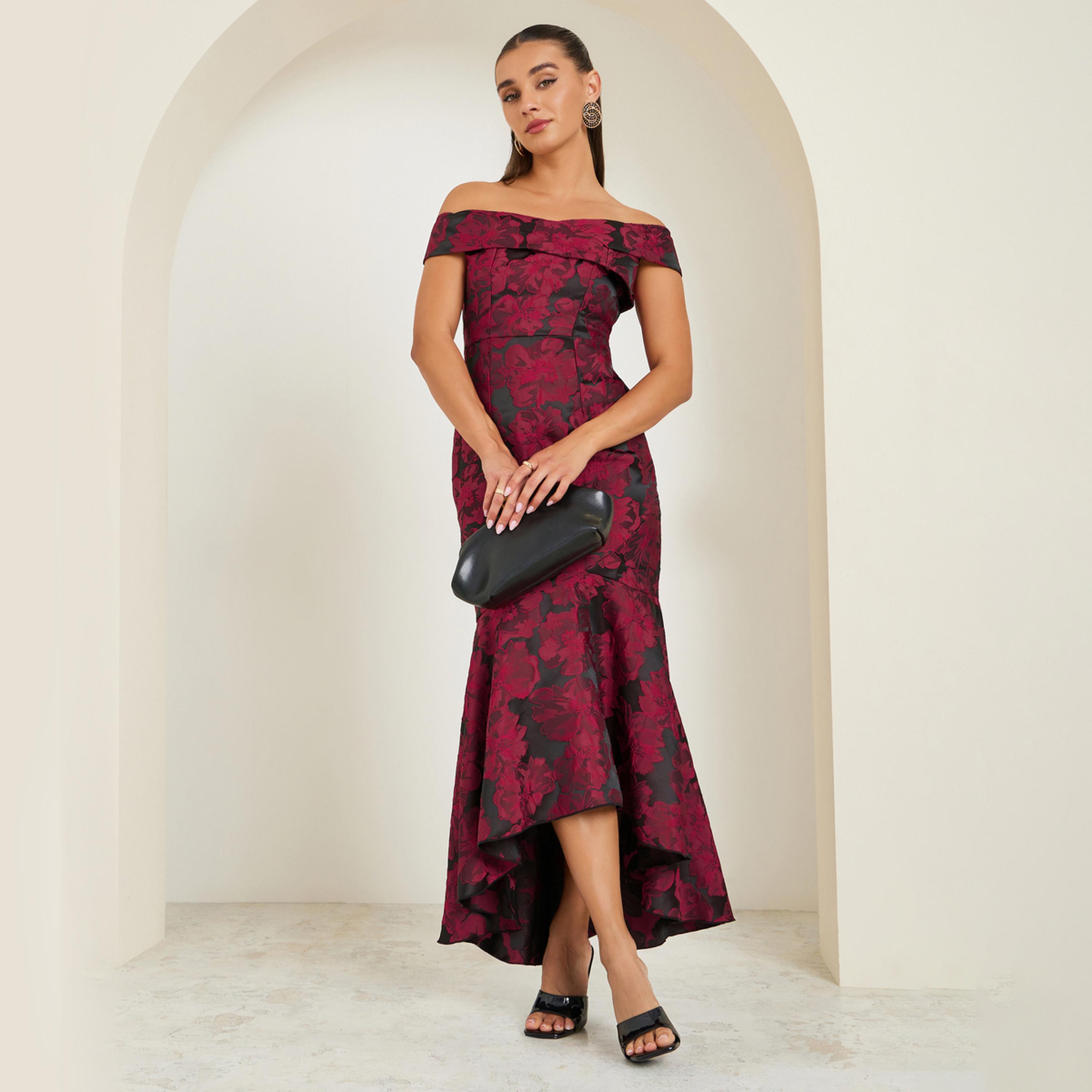 فستان سهرة طويل جاكار بأكتاف مكشوفة-women-clothing-dresses-image-1