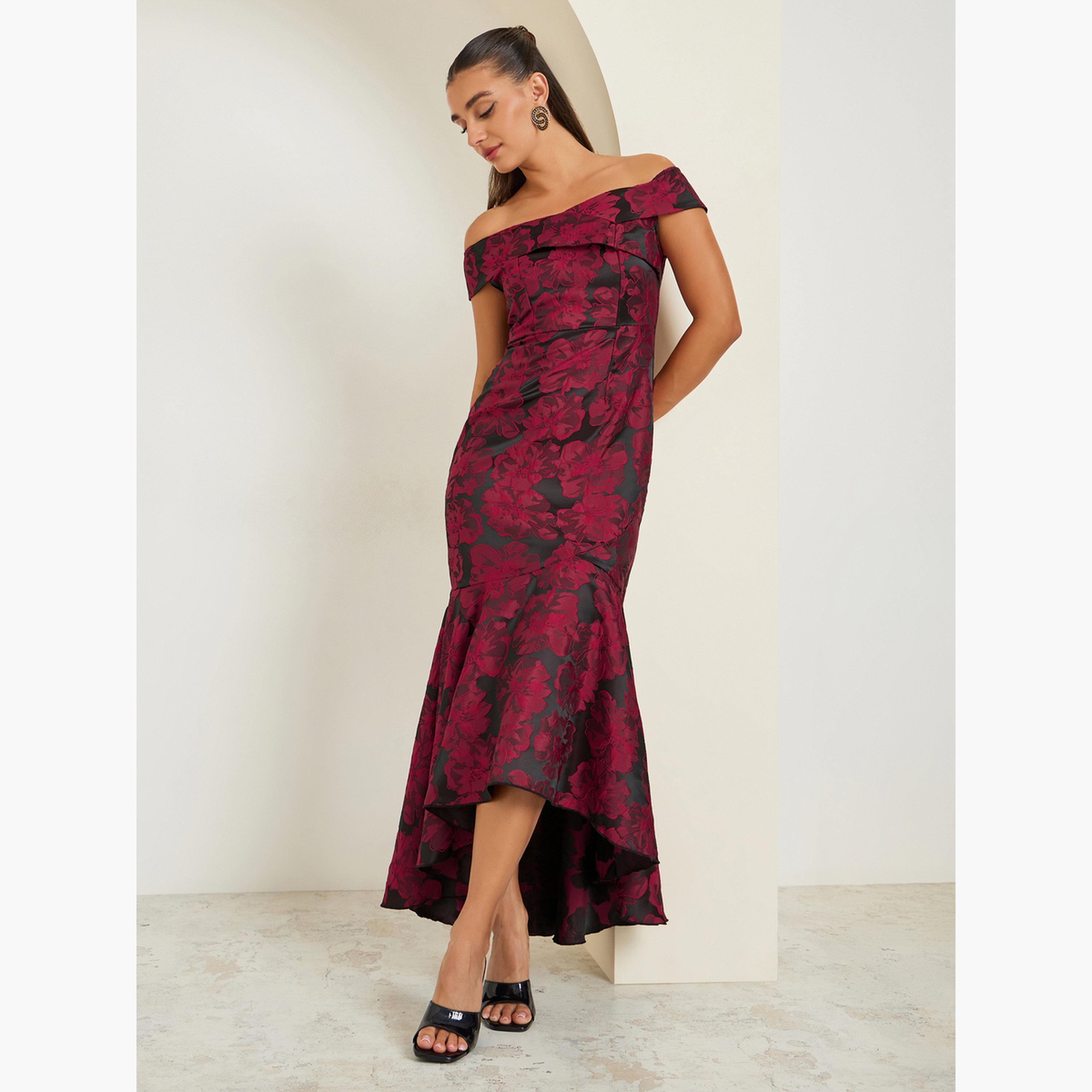 فستان سهرة طويل جاكار بأكتاف مكشوفة-women-clothing-dresses-image-2