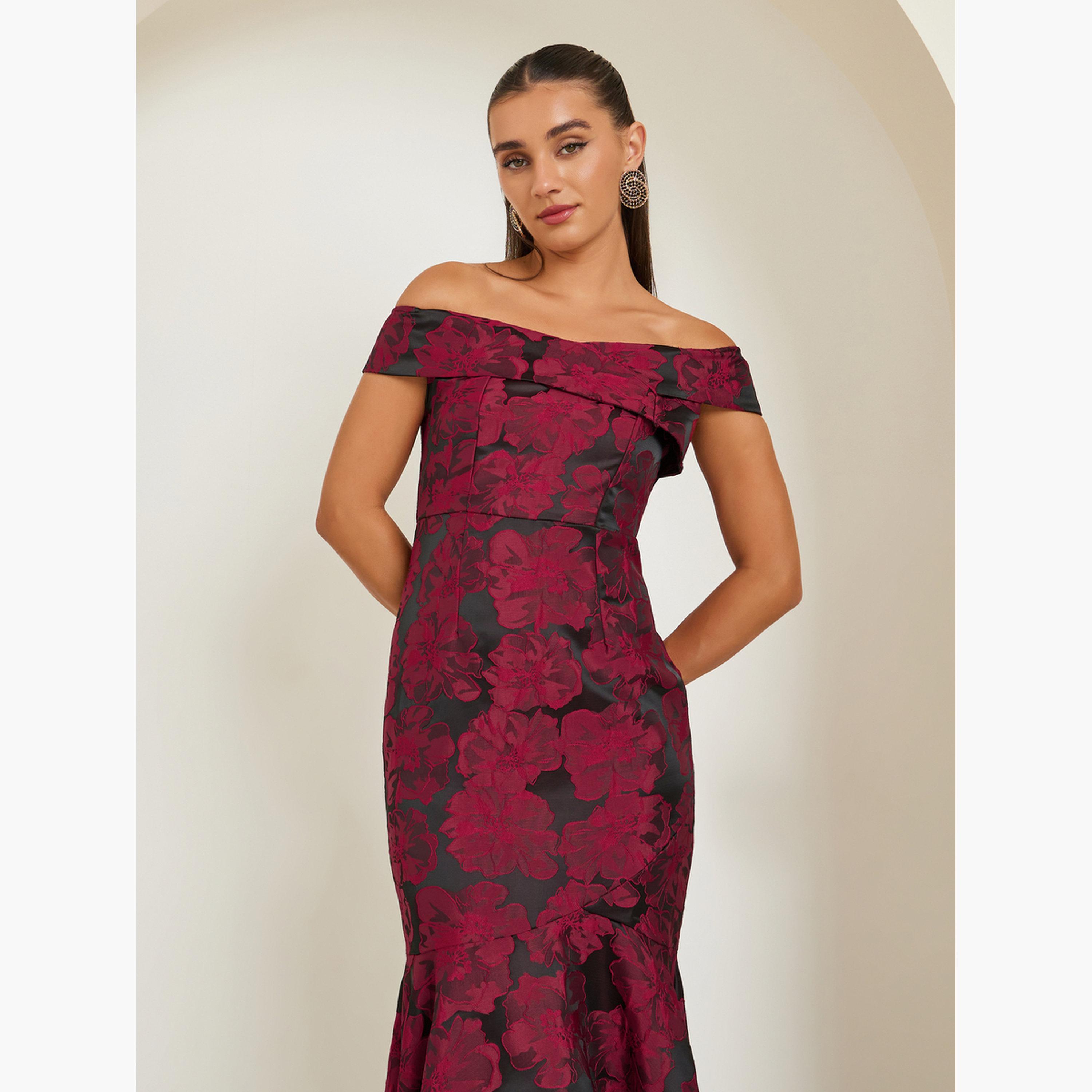 فستان سهرة طويل جاكار بأكتاف مكشوفة-women-clothing-dresses-image-4