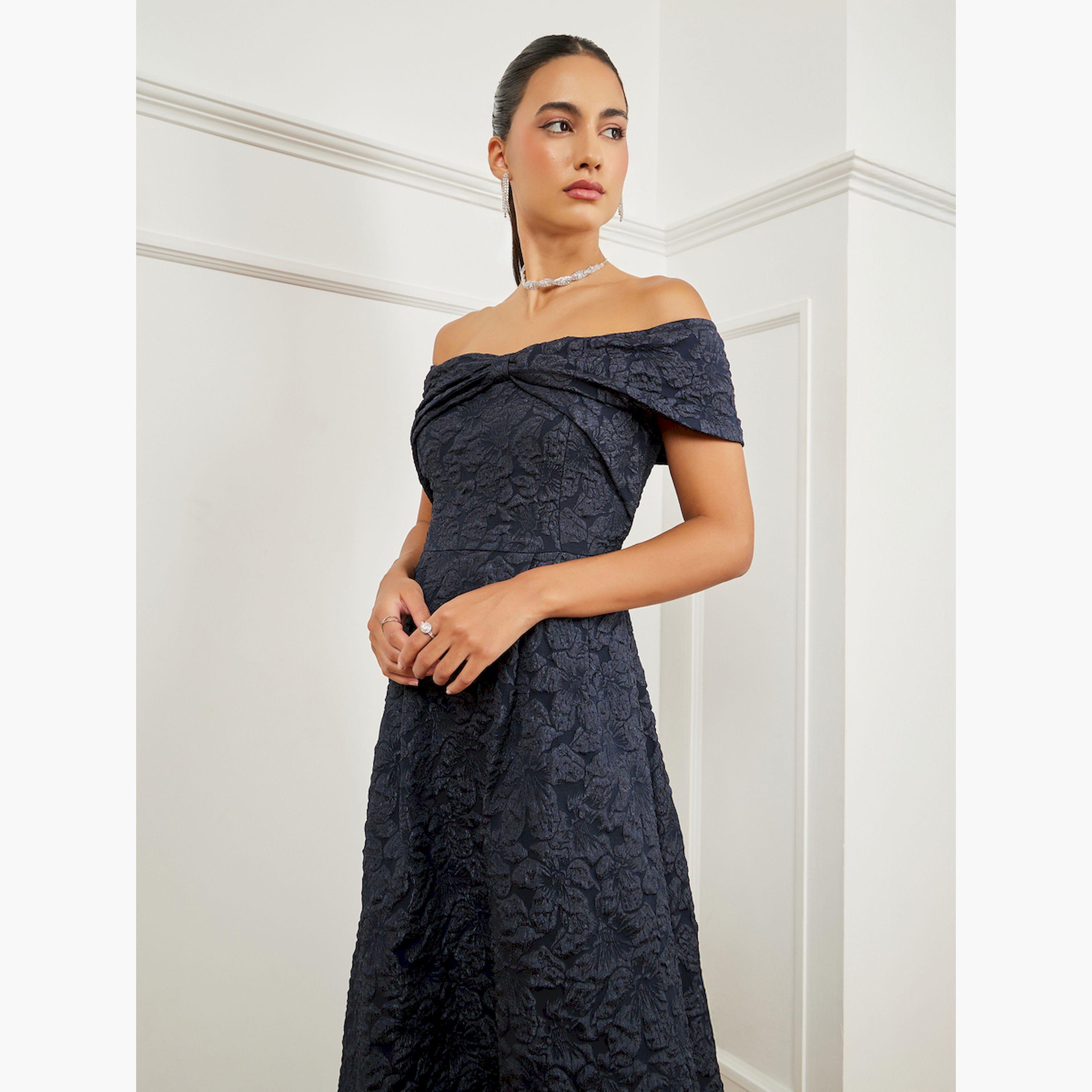 Styli Black Floral Jacquard Off-Shoulder Maxi Dress-women-clothing-dresses-image-2