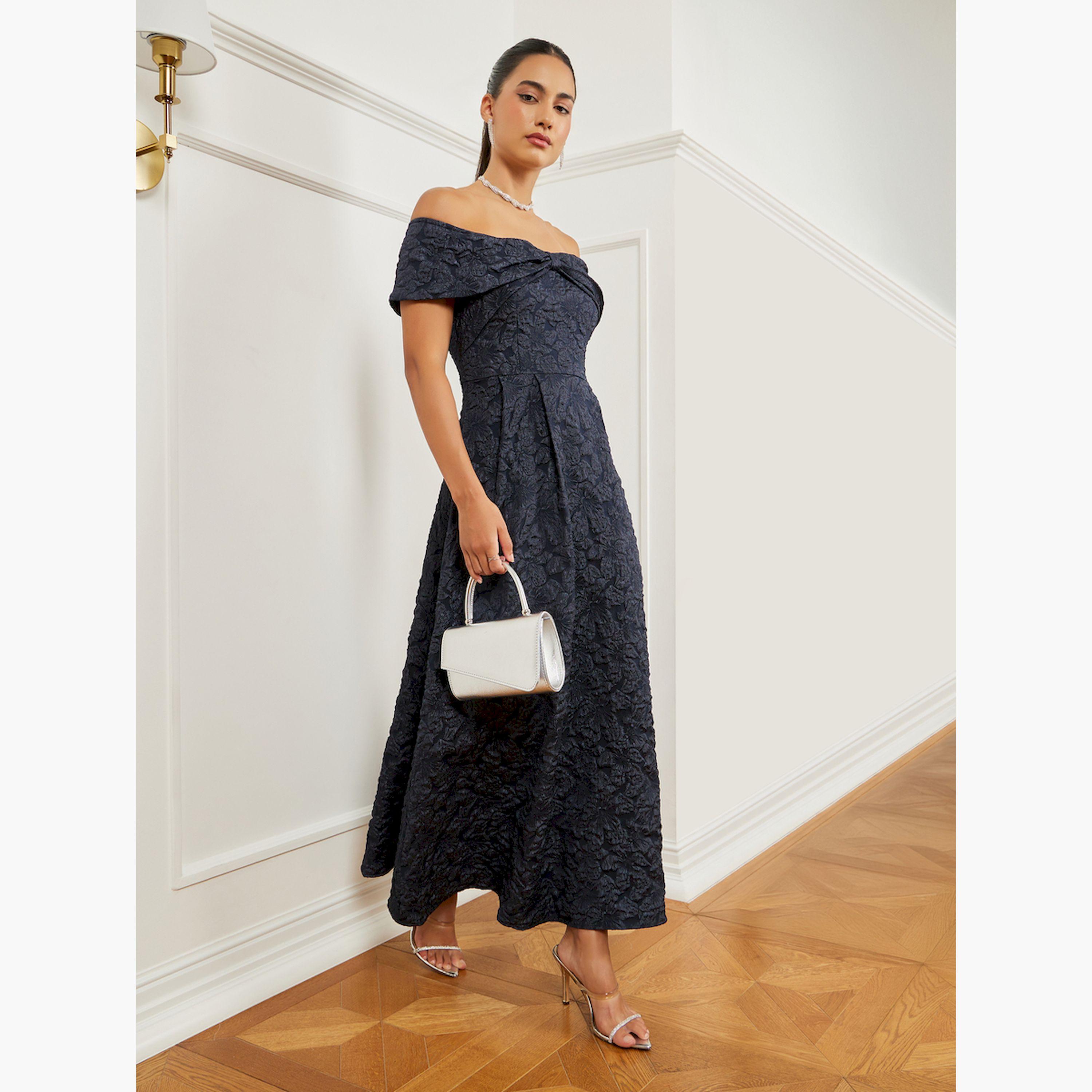 فستان طويل جاكار بنقشة الزهور بأكتاف مكشوفة-women-clothing-dresses-image-3