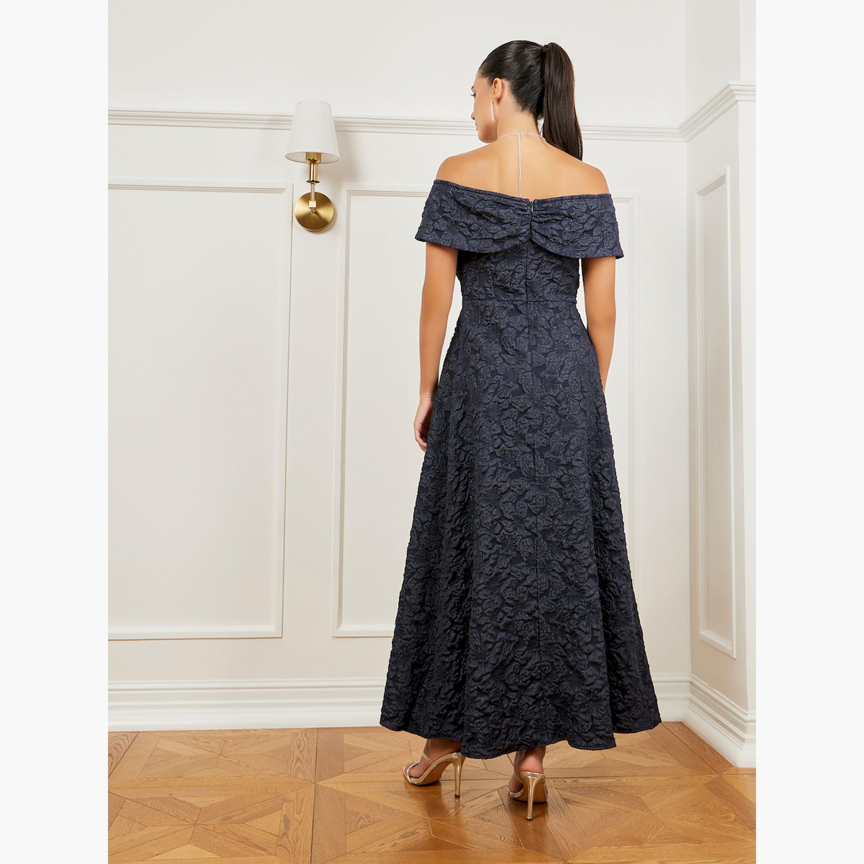 فستان طويل جاكار بنقشة الزهور بأكتاف مكشوفة-women-clothing-dresses-image-4
