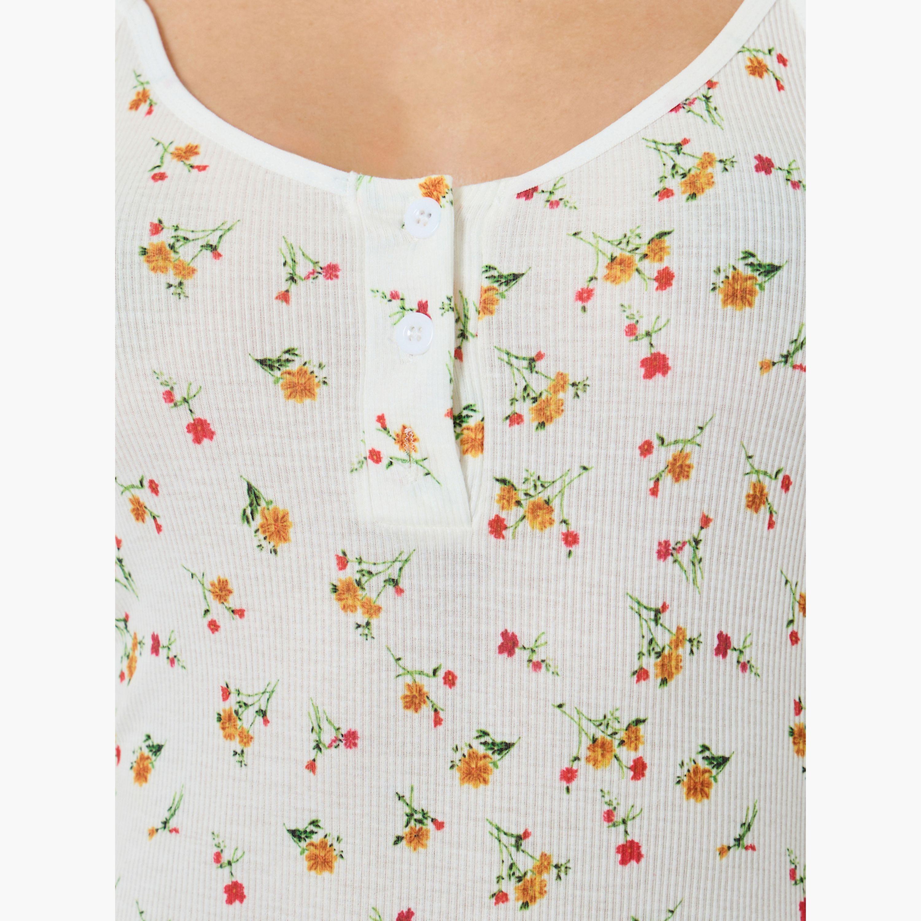 Styli Floral Print Fitted Slip with Henley Neck-women-clothing-lingerie-babydollsandbodysuits-image-2