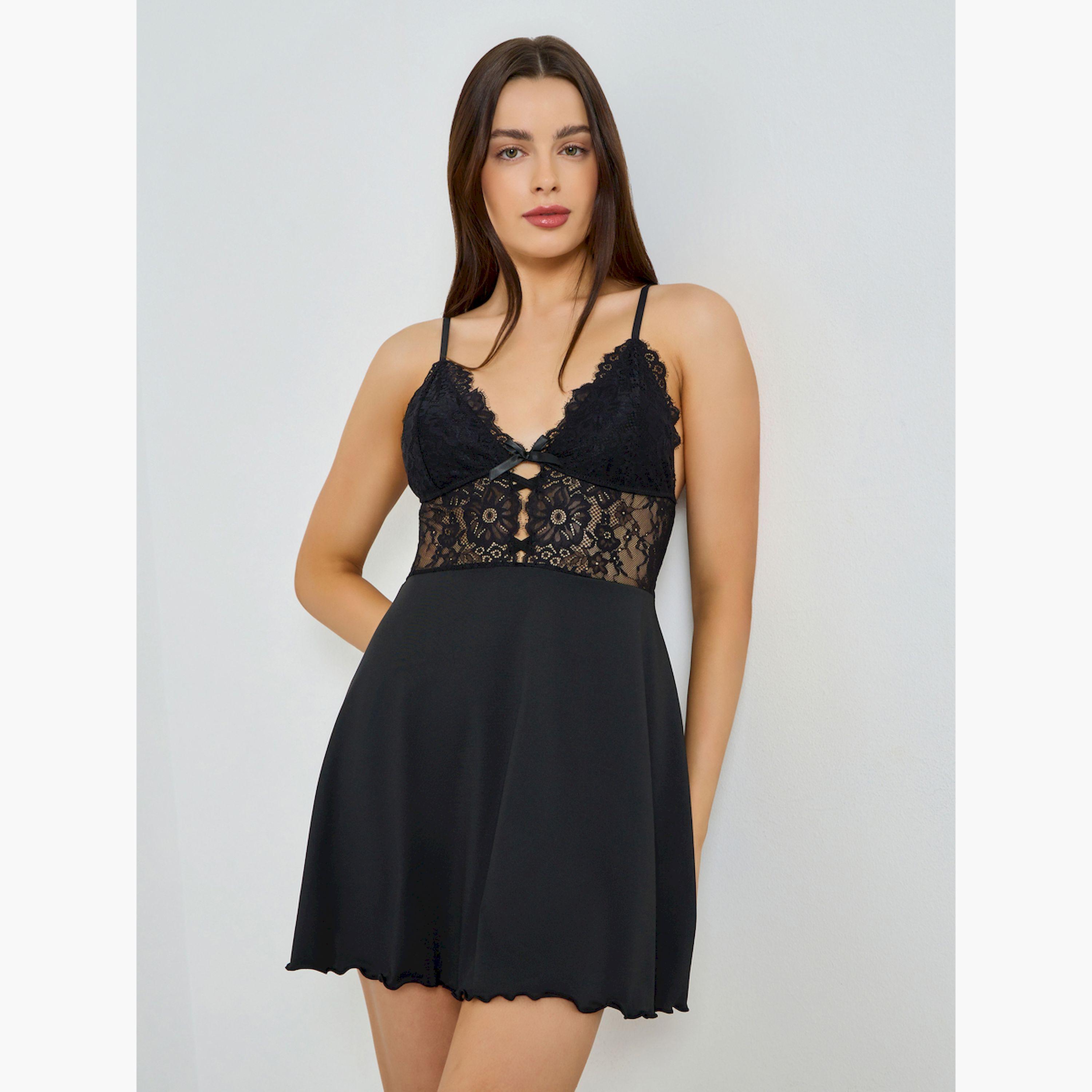 Styli Lettuce Hem Lace Babydoll with Bow Detail-women-clothing-lingerie-babydollsandbodysuits-image-1
