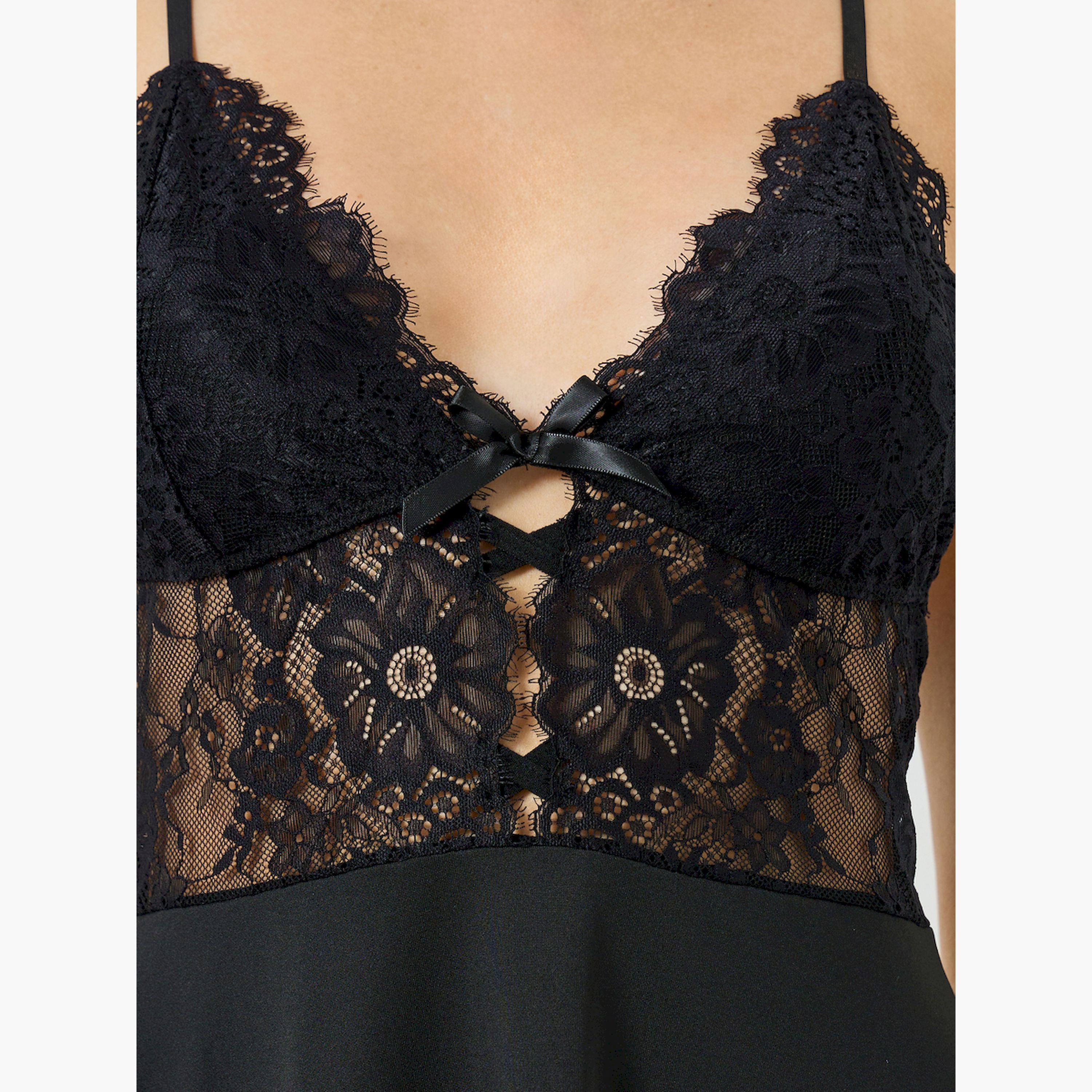 Styli Lettuce Hem Lace Babydoll with Bow Detail-women-clothing-lingerie-babydollsandbodysuits-image-2