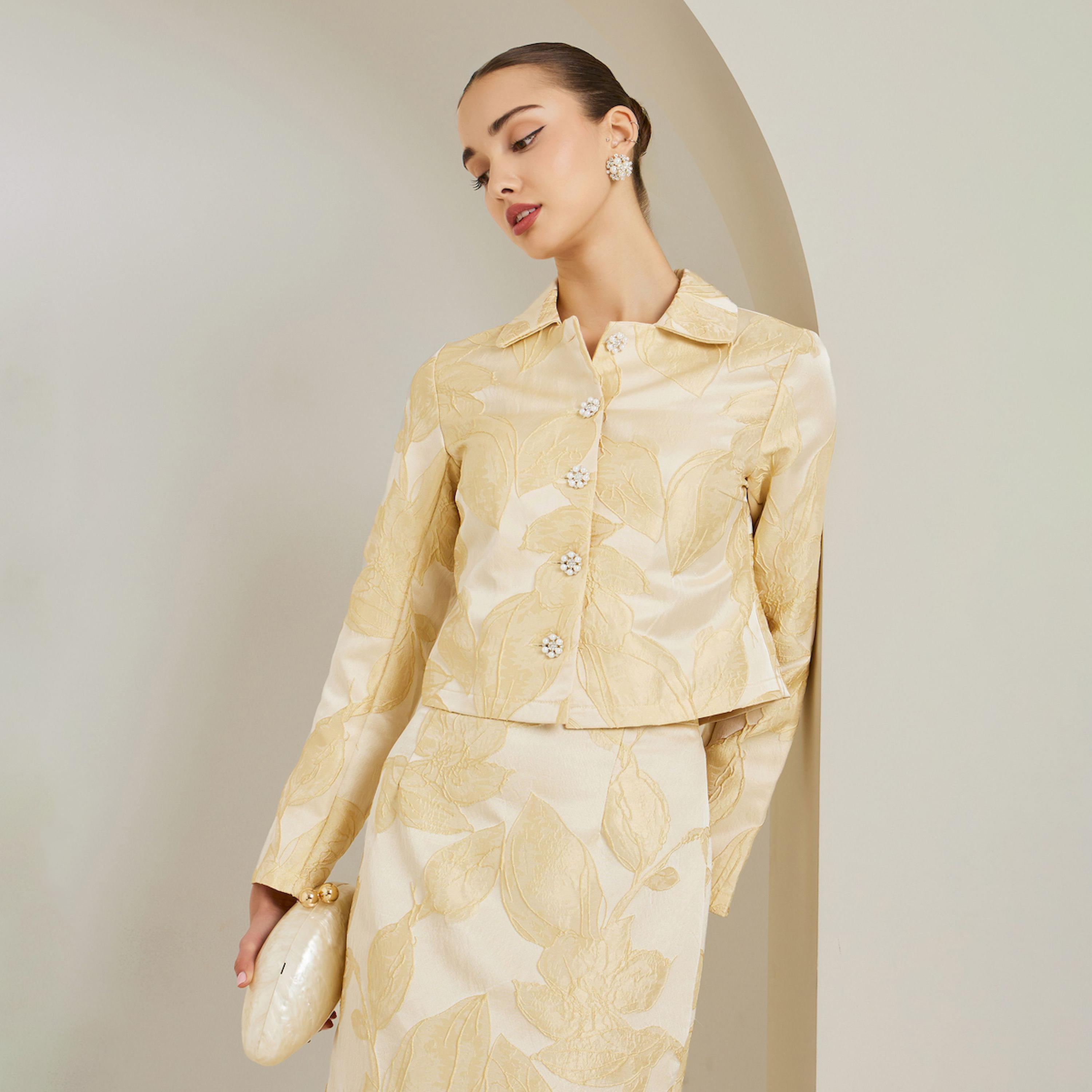 Styli Cream Floral Jacquard Cropped Jacket-women-winterwear-coatsandjackets-jackets-image-1