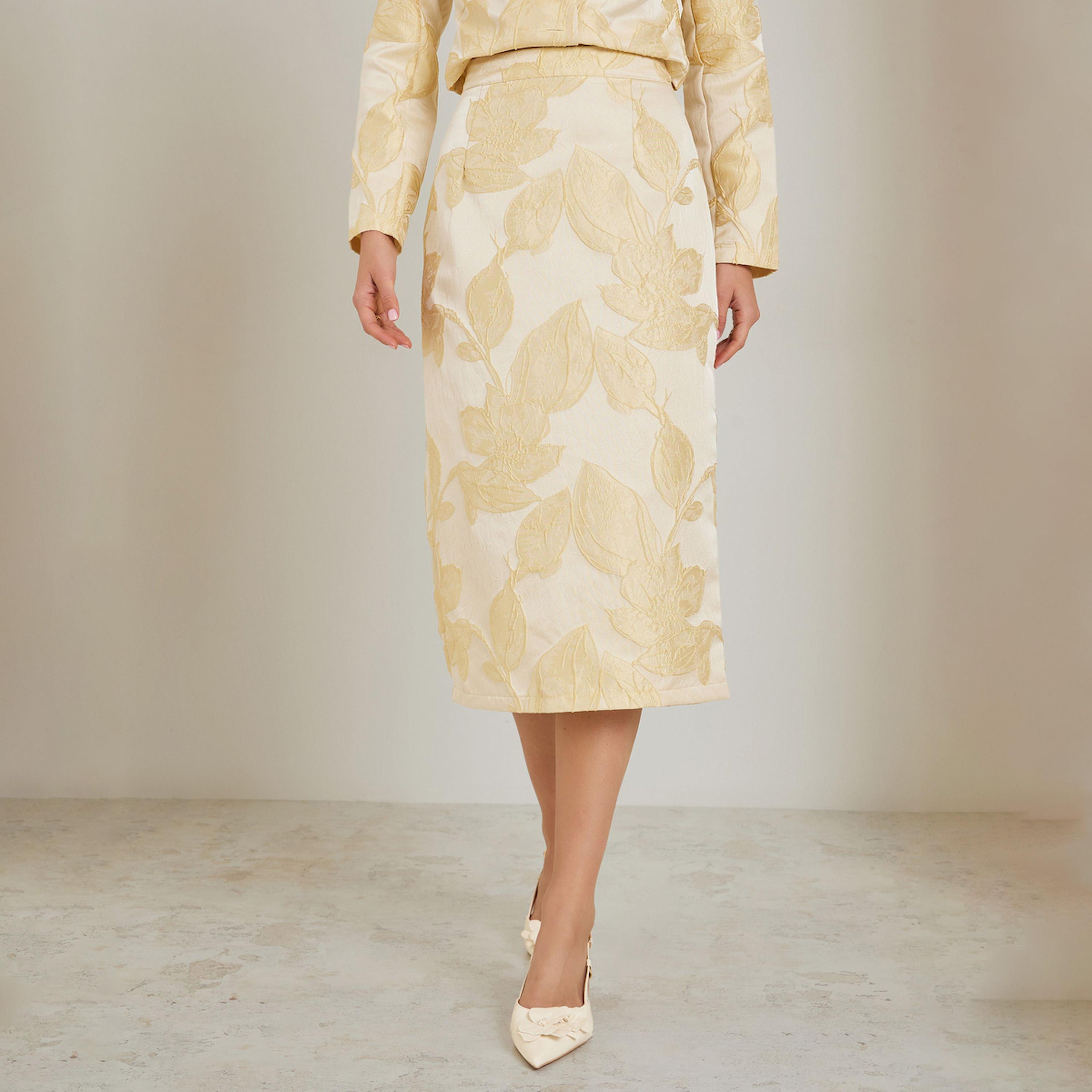 Styli Cream Floral Jacquard Midi Skirt-women-clothing-bottoms-skirts-image-1