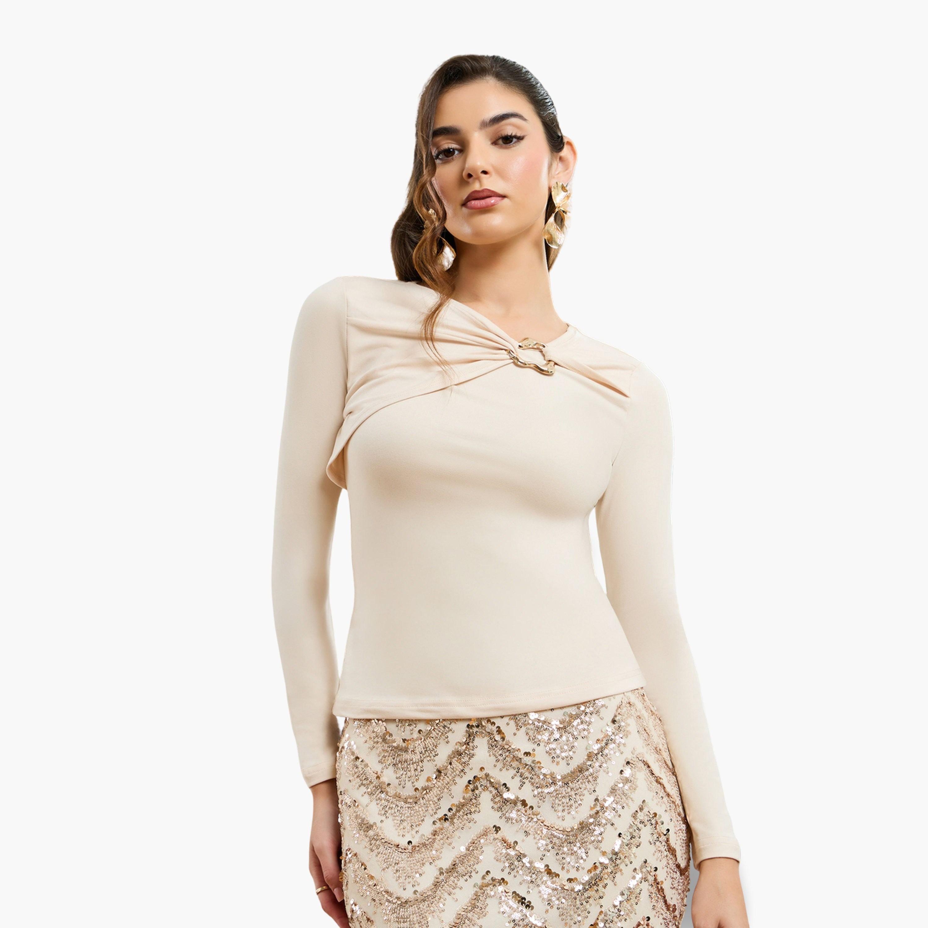 Styli Women Cream Knit Top with Gold Metal Detail-women-clothing-shirtsandblouses-blouses-image-1