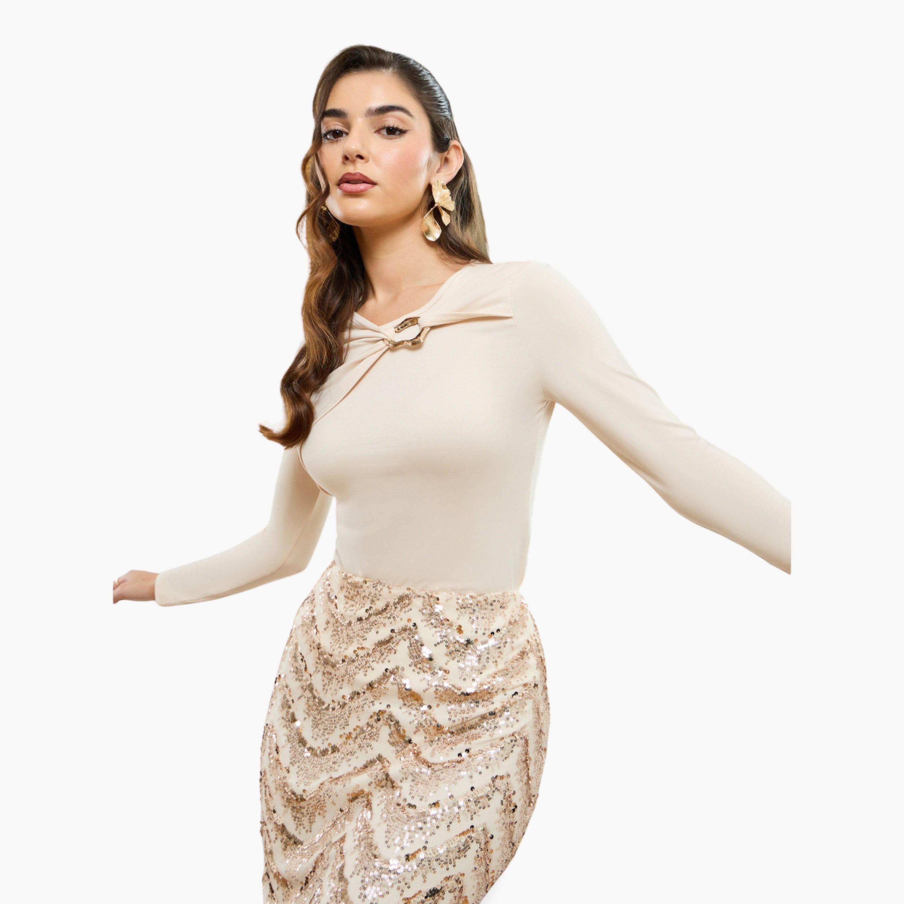 Styli Women Cream Knit Top with Gold Metal Detail-women-clothing-shirtsandblouses-blouses-image-3