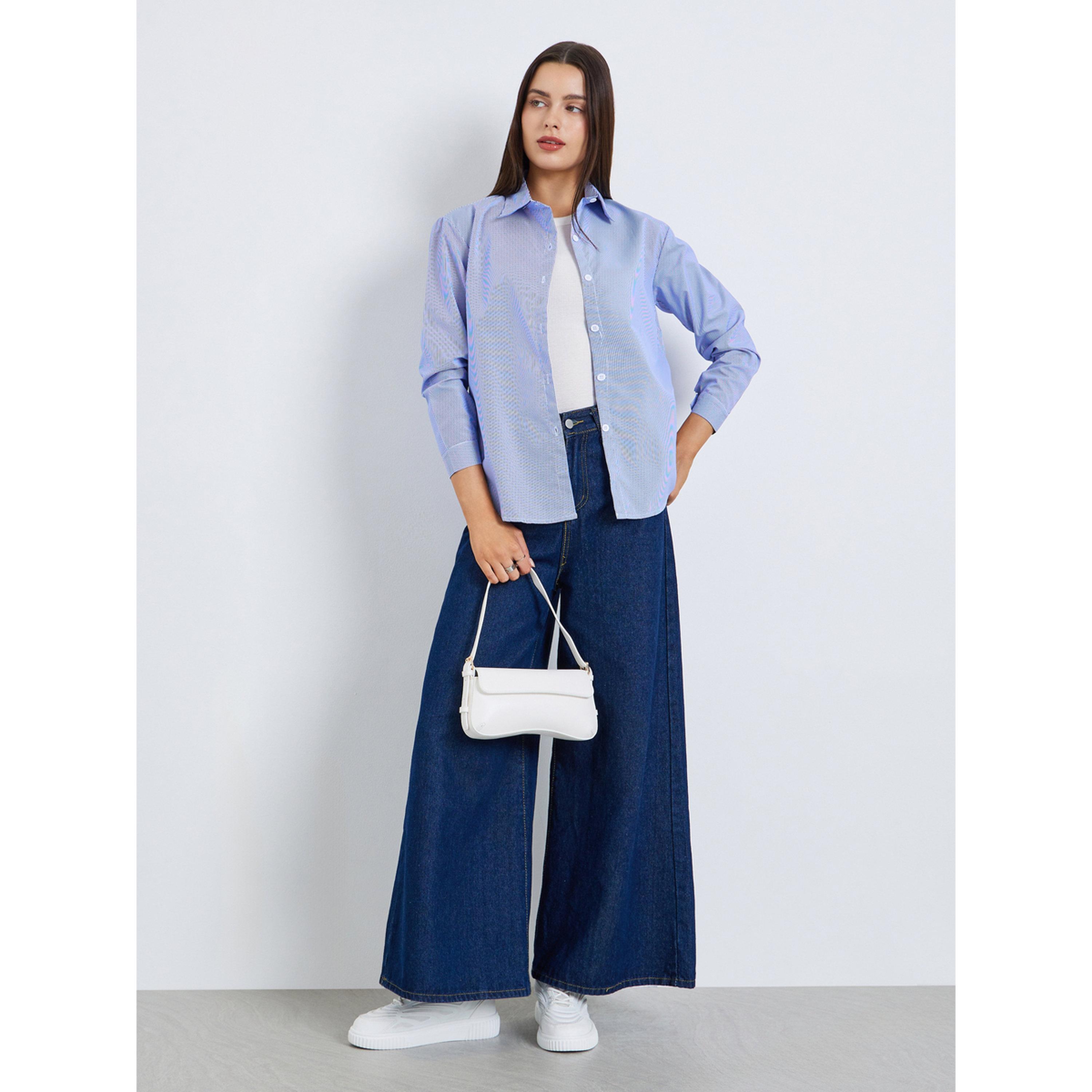 Styli Women Blue Striped Long Sleeve Regula Shirt-women-clothing-shirtsandblouses-shirts-image-2