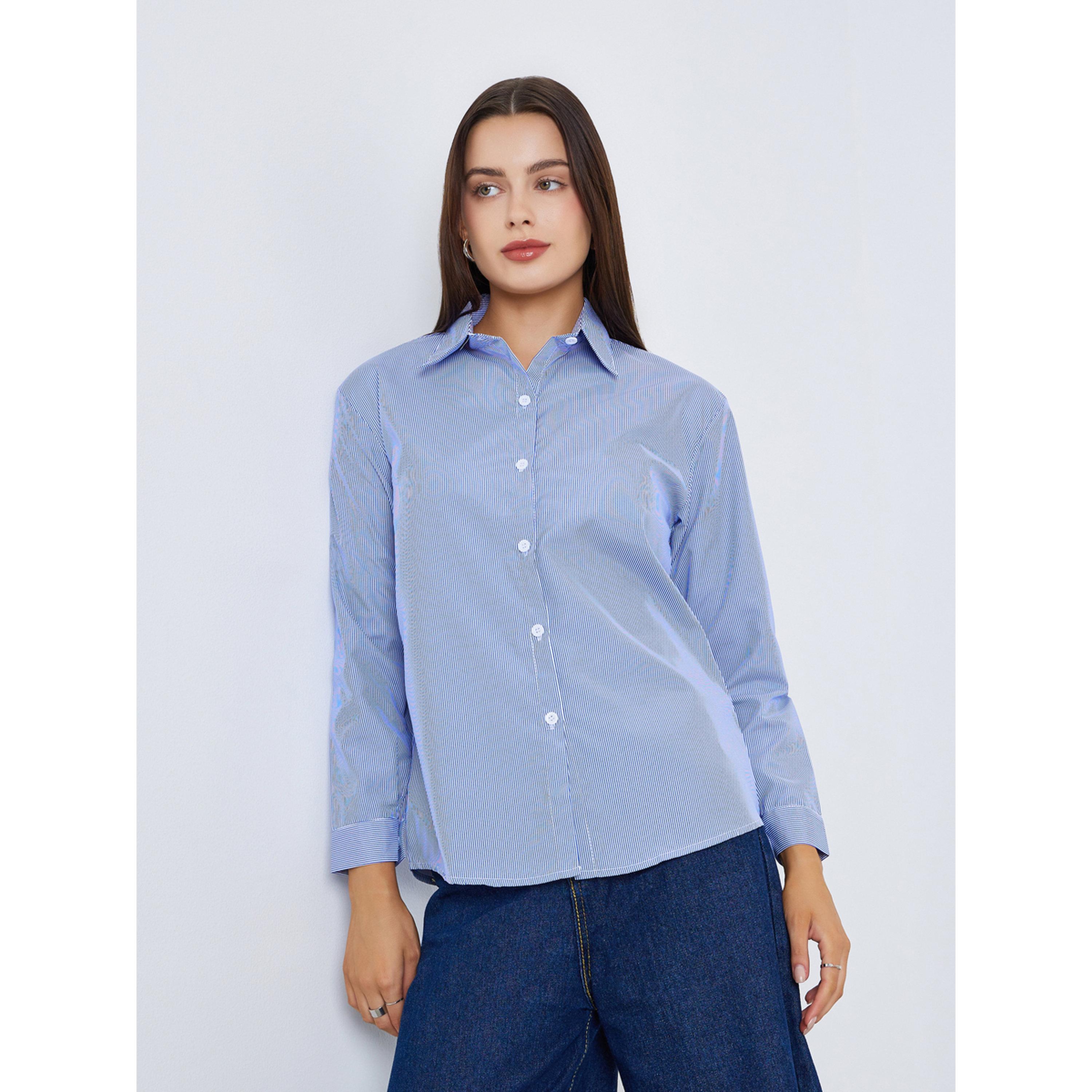 Styli Women Blue Striped Long Sleeve Regula Shirt-women-clothing-shirtsandblouses-shirts-image-3