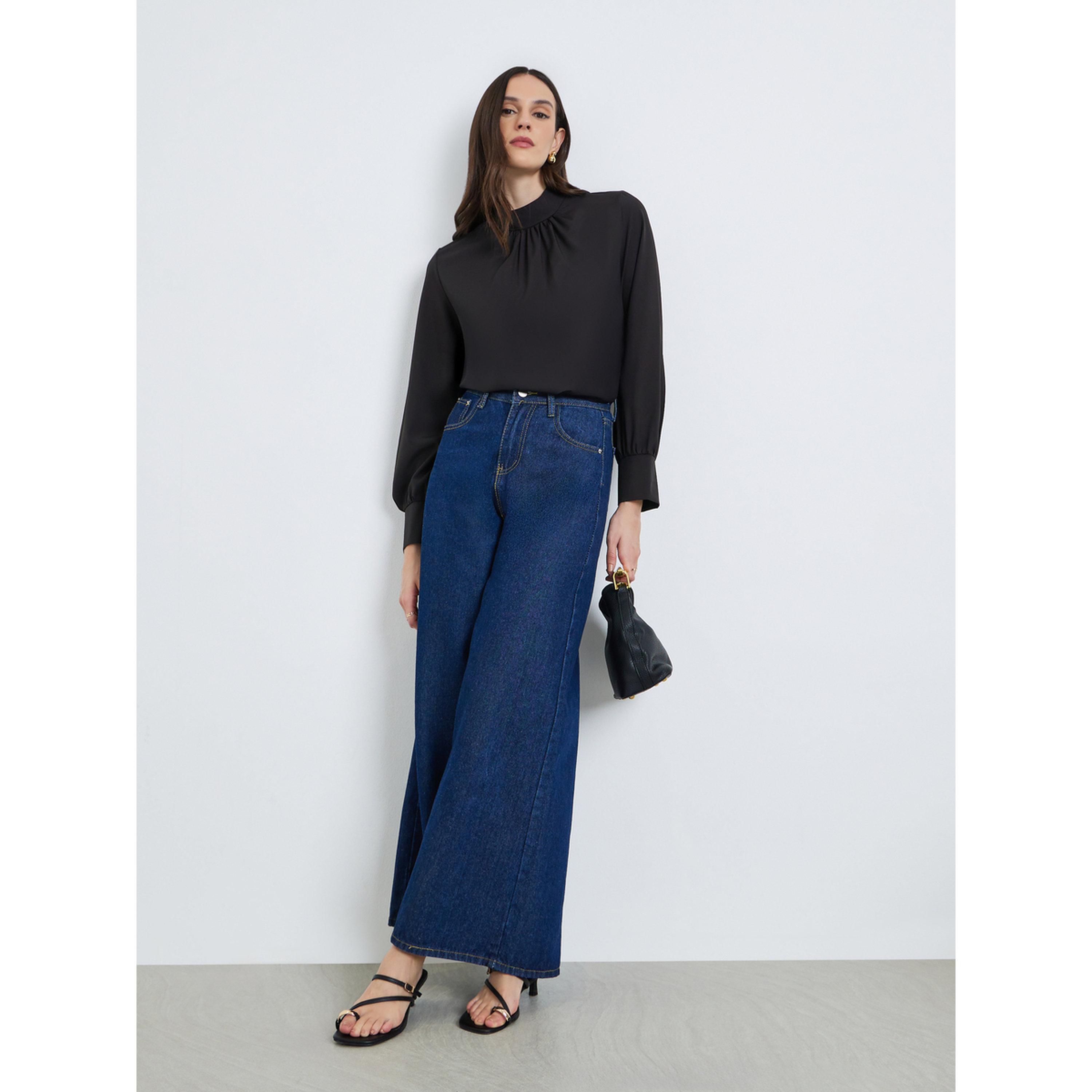 Styli Women Black Solid Pleated Stand Collar Blouse-women-clothing-shirtsandblouses-blouses-image-2