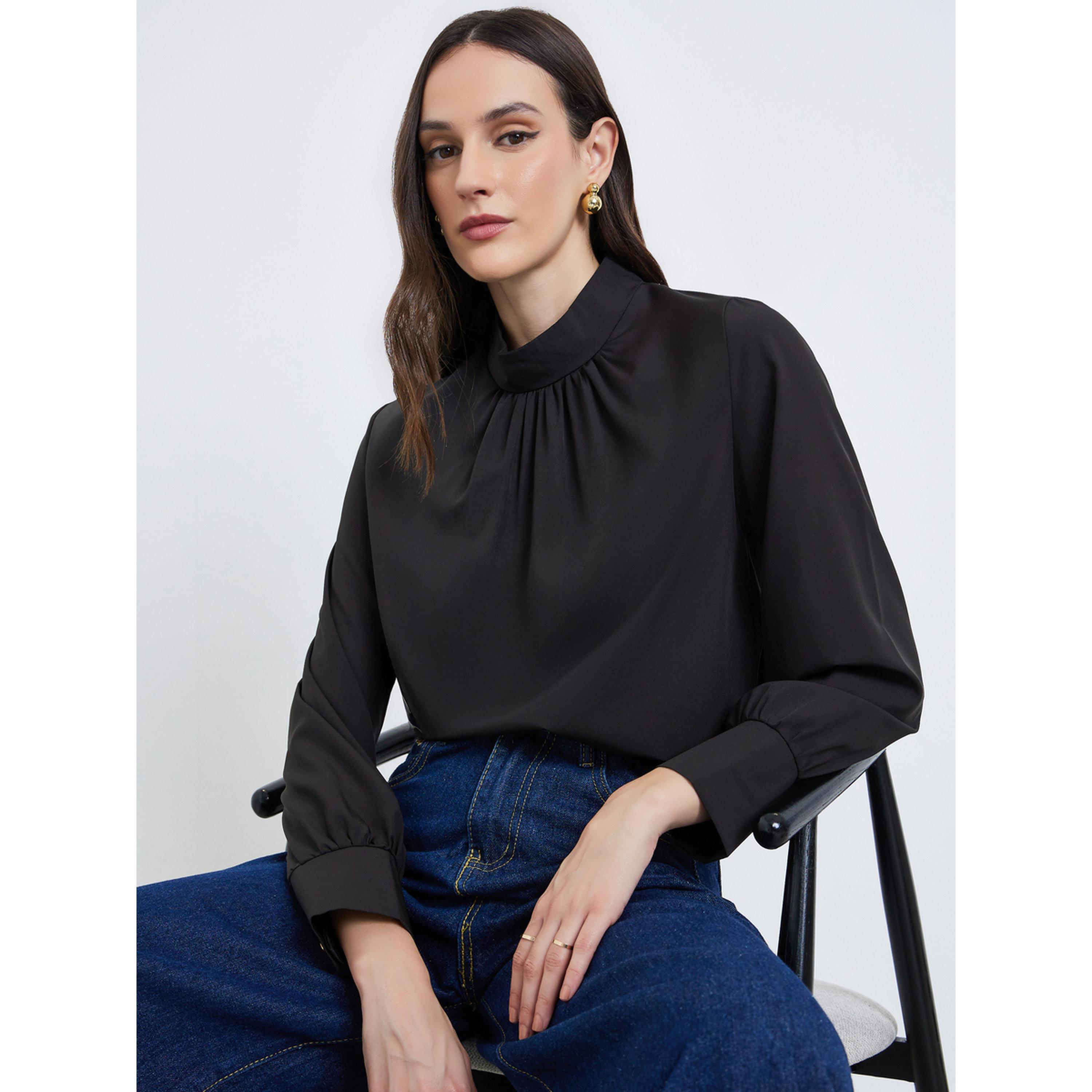 Styli Women Black Solid Pleated Stand Collar Blouse-women-clothing-shirtsandblouses-blouses-image-3