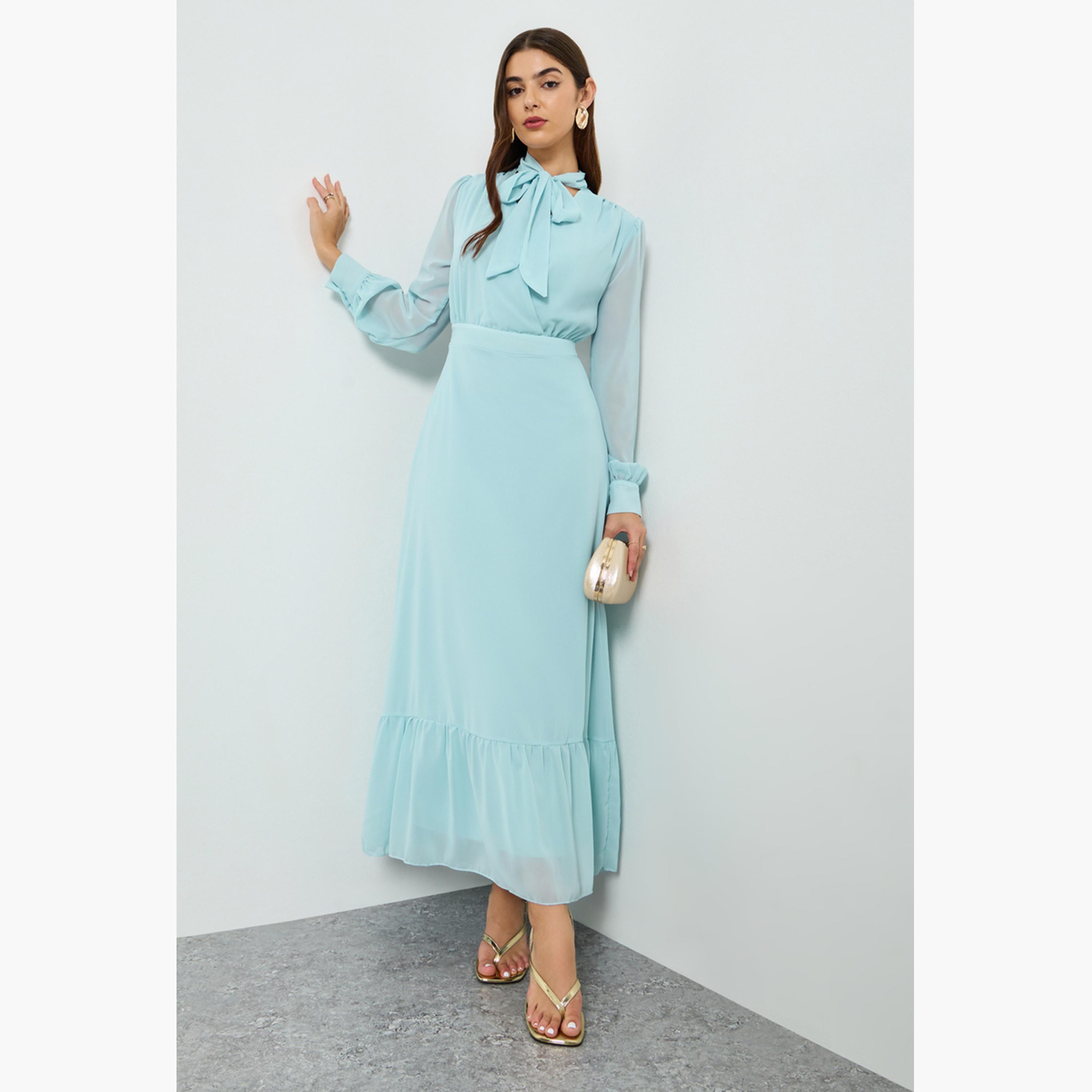 فستان طويل شيفون برباط ياقة للنساء-women-clothing-dresses-image-1
