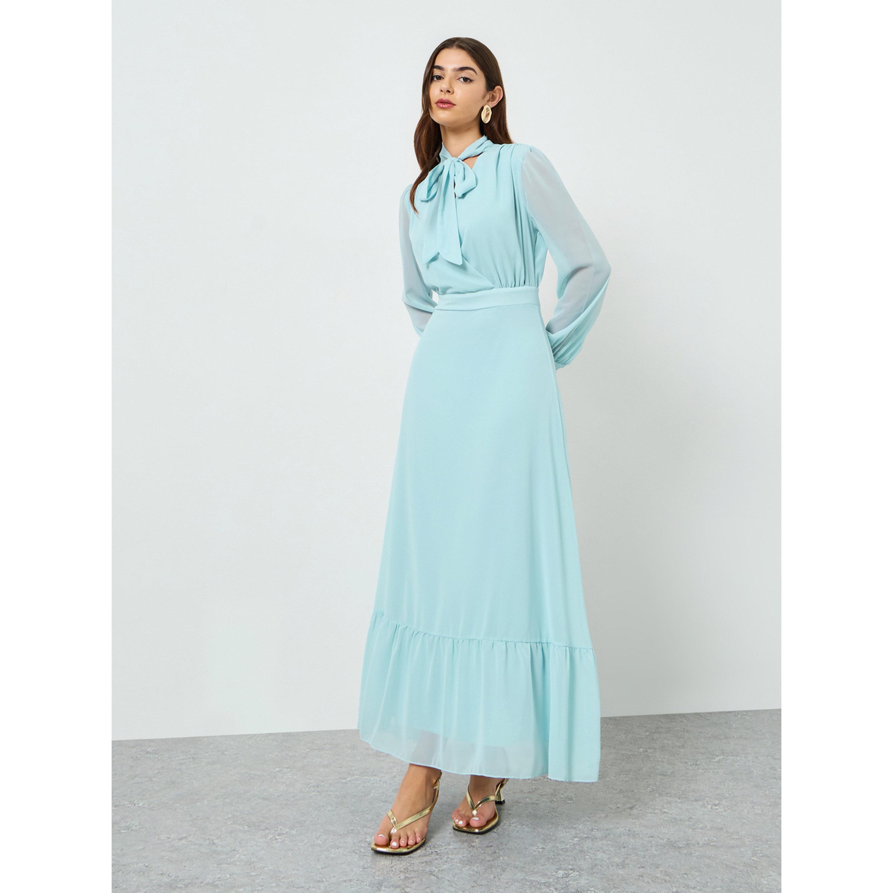 فستان طويل شيفون برباط ياقة للنساء-women-clothing-dresses-image-3