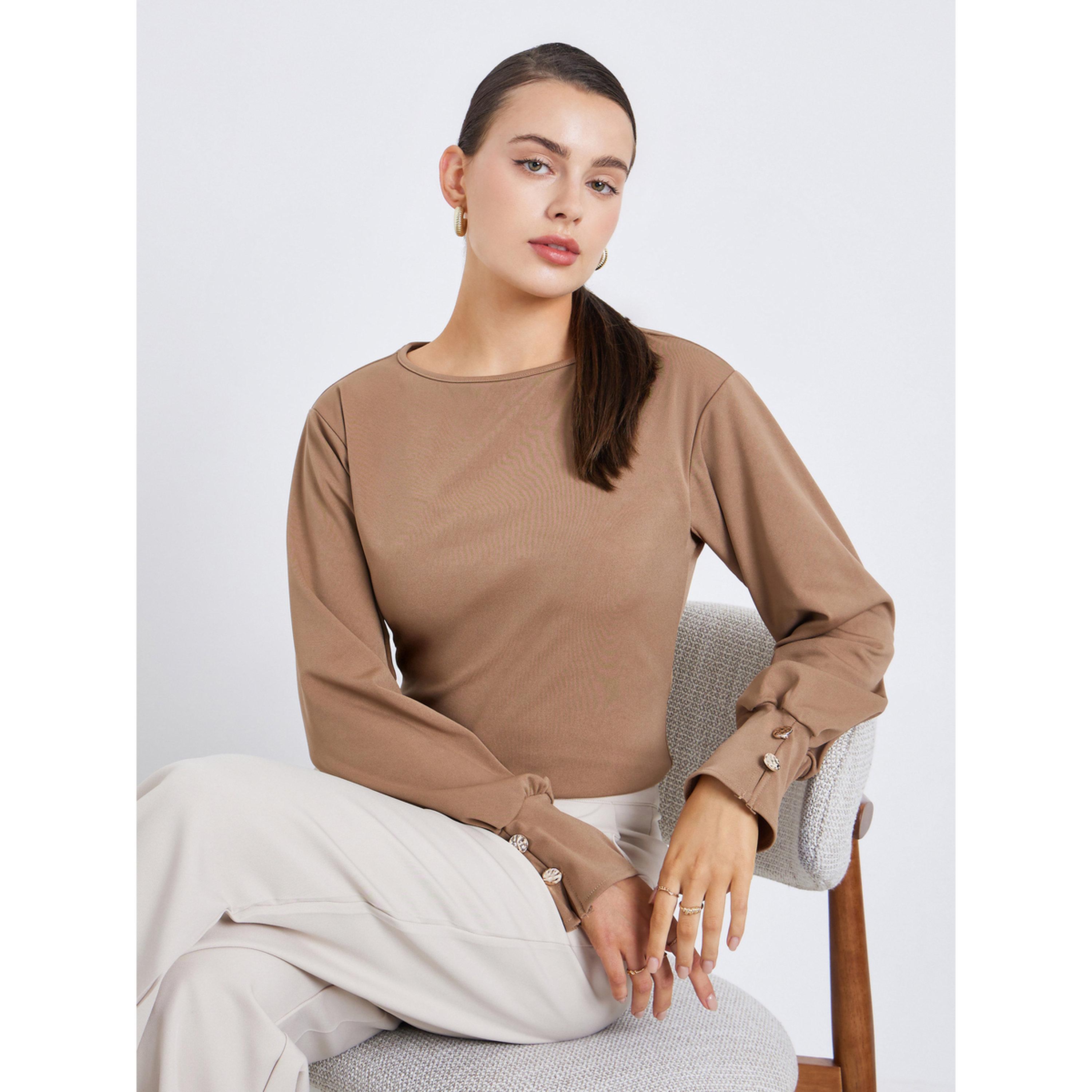 Styli Women Brown Long Sleeve Knit Top-women-clothing-shirtsandblouses-blouses-image-3