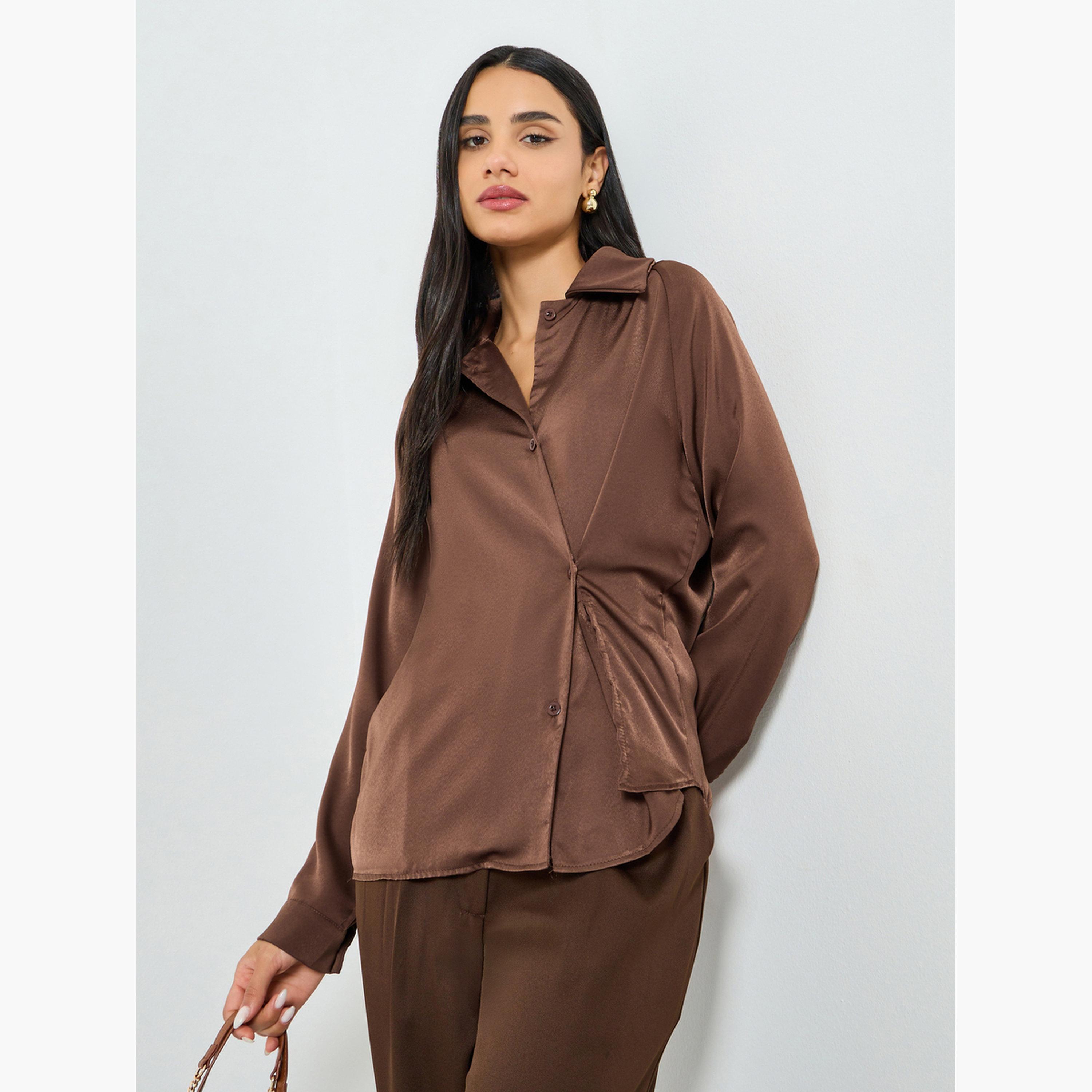 Styli Brown Satin Wrap Long Sleeve Shirt-women-clothing-shirtsandblouses-blouses-image-1