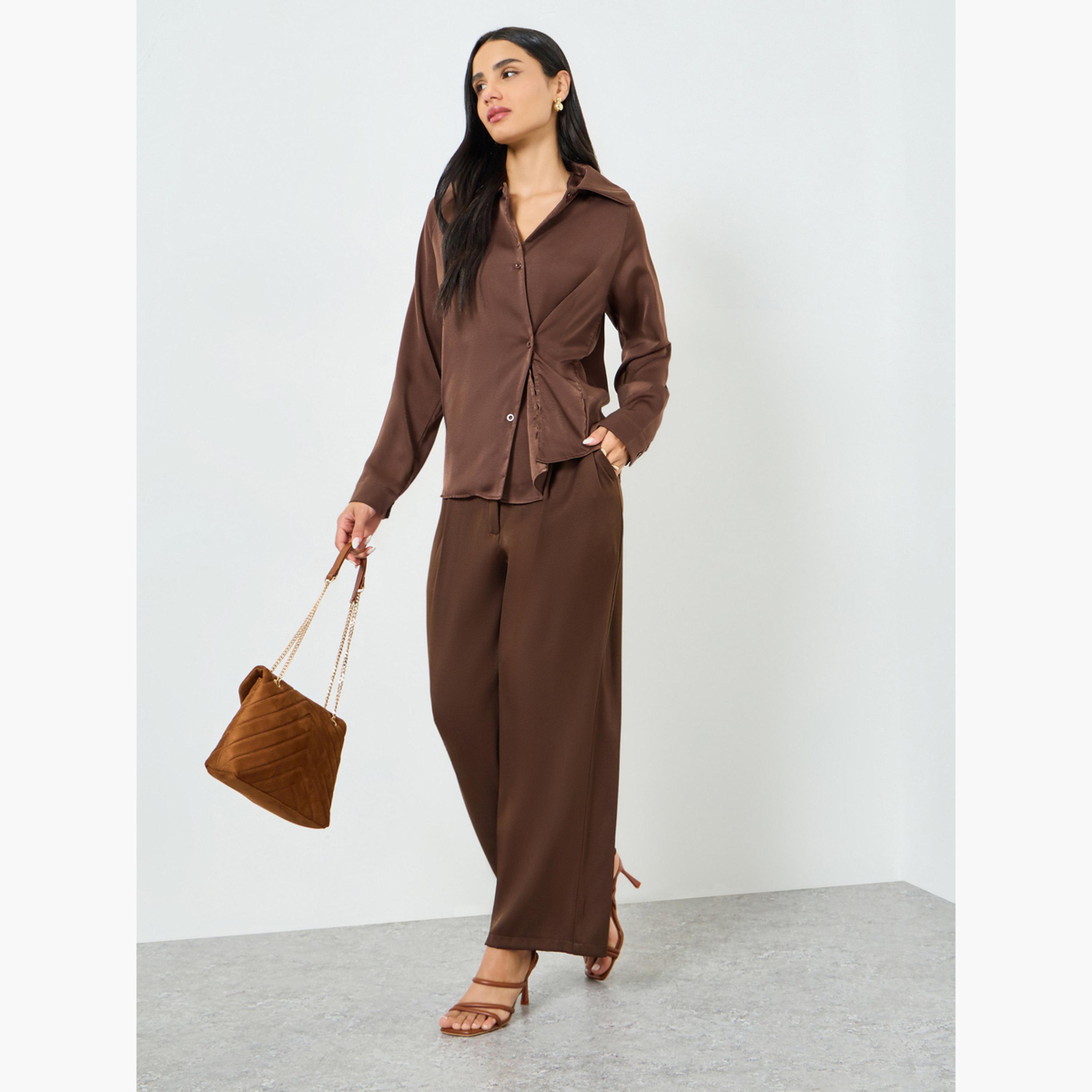 Styli Brown Satin Wrap Long Sleeve Shirt-women-clothing-shirtsandblouses-blouses-image-2