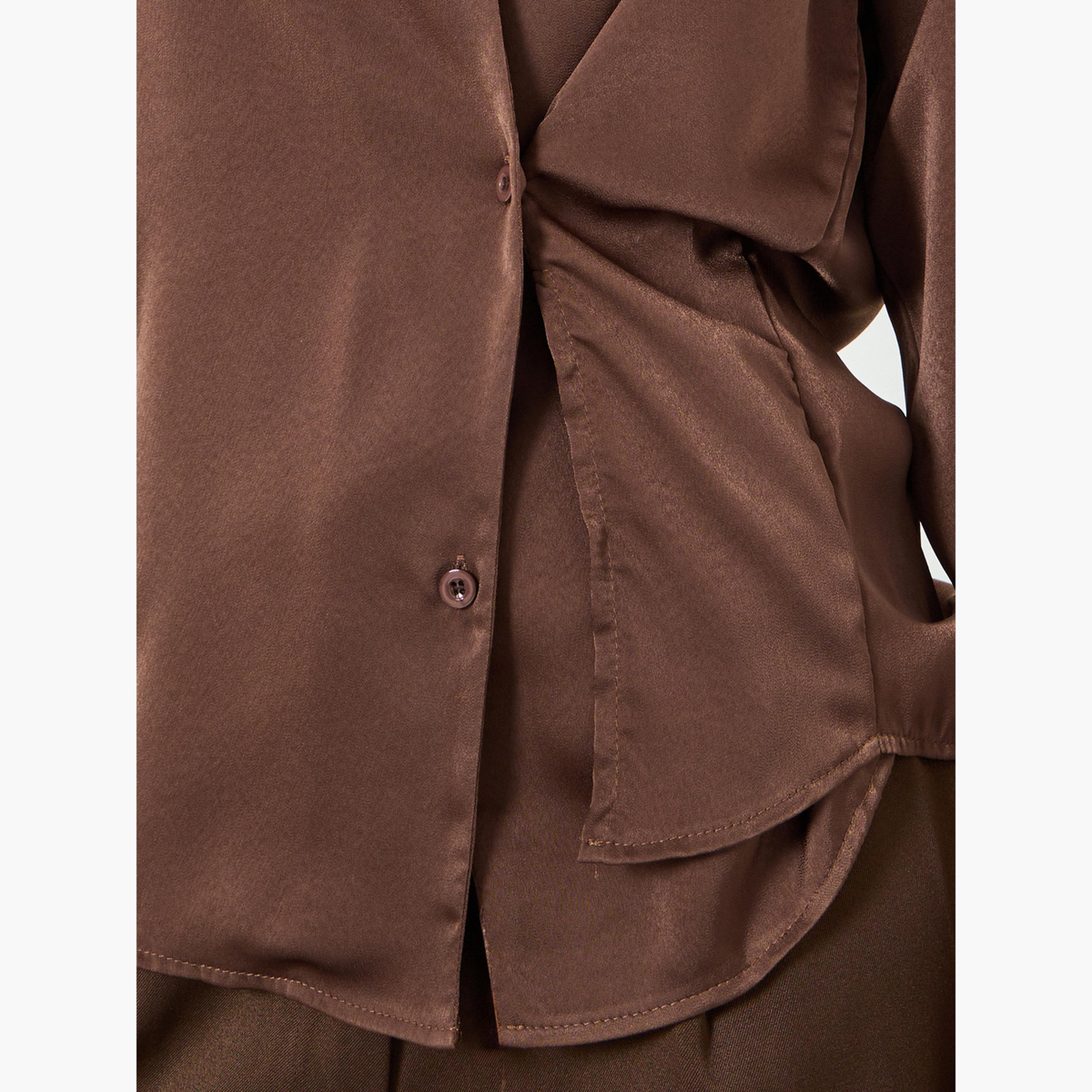 Styli Brown Satin Wrap Long Sleeve Shirt-women-clothing-shirtsandblouses-blouses-image-3