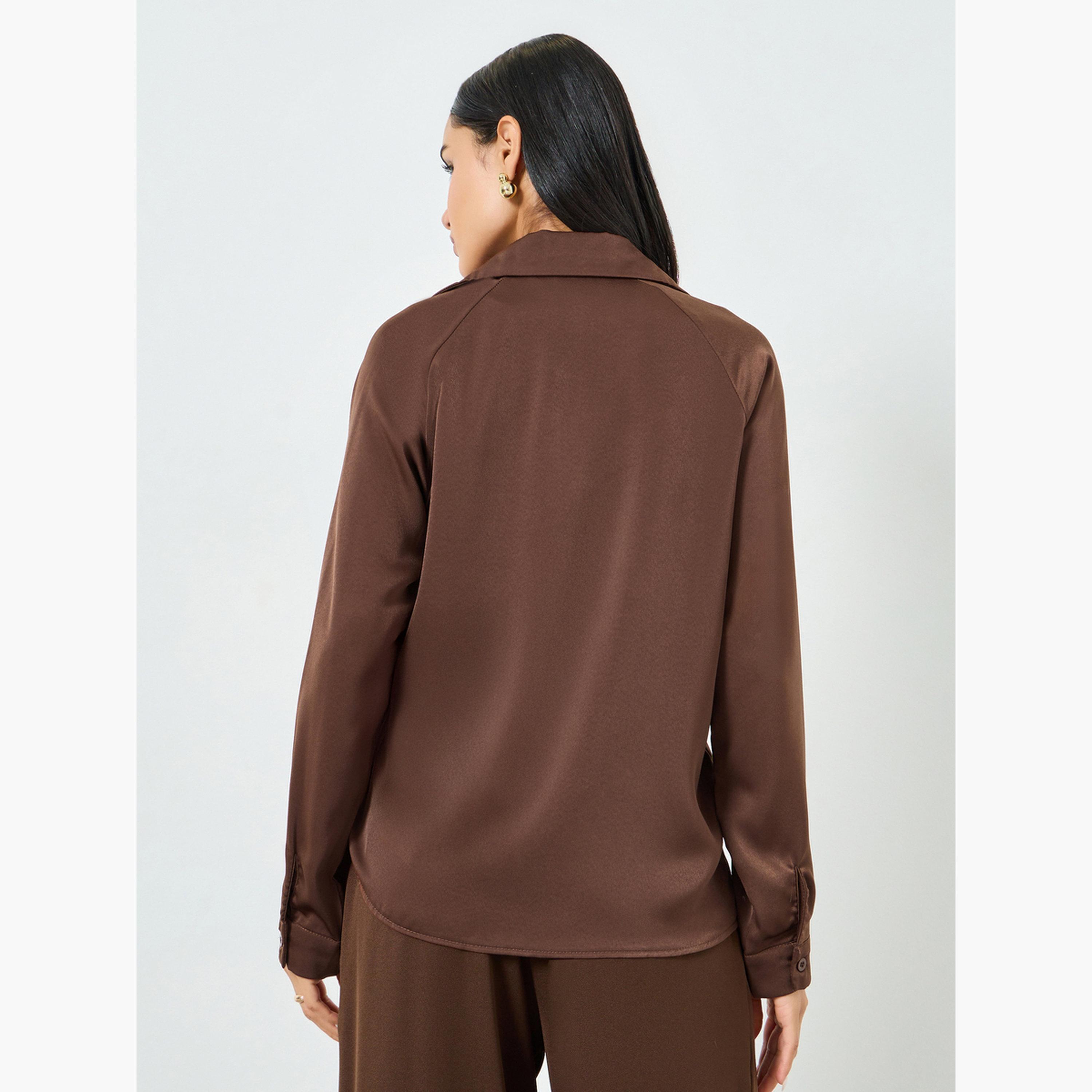 Styli Brown Satin Wrap Long Sleeve Shirt-women-clothing-shirtsandblouses-blouses-image-4