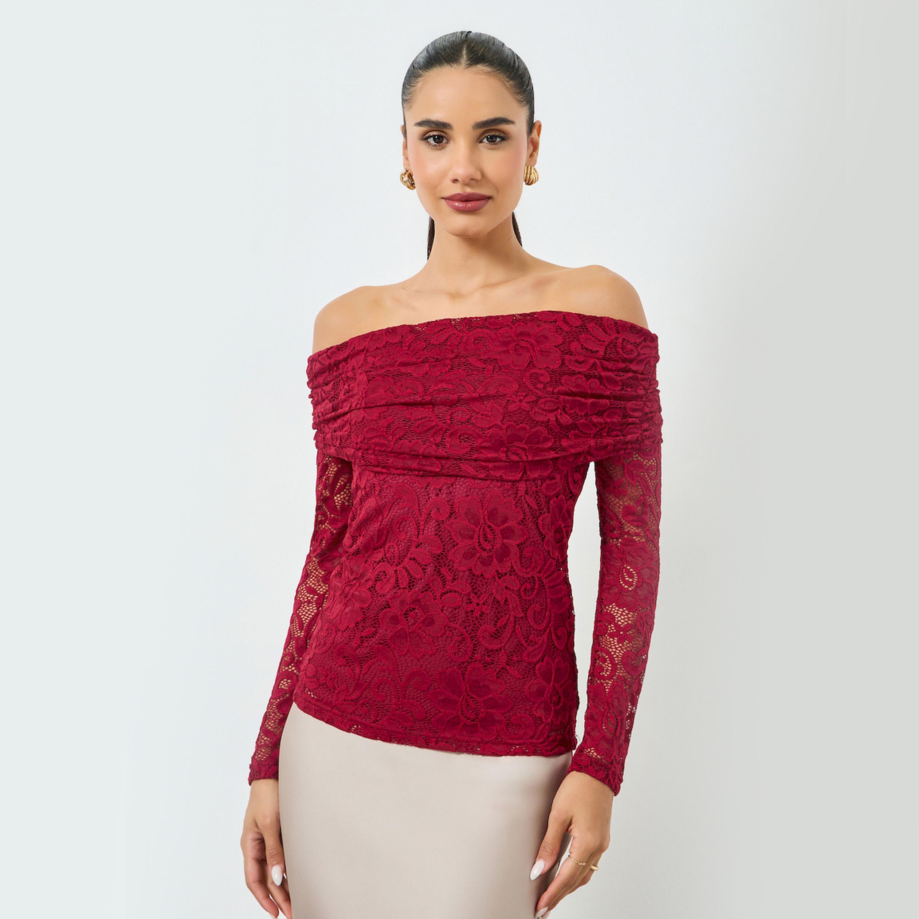 Styli Red Off-Shoulder Long Sleeve Lace Top-women-clothing-shirtsandblouses-blouses-image-1