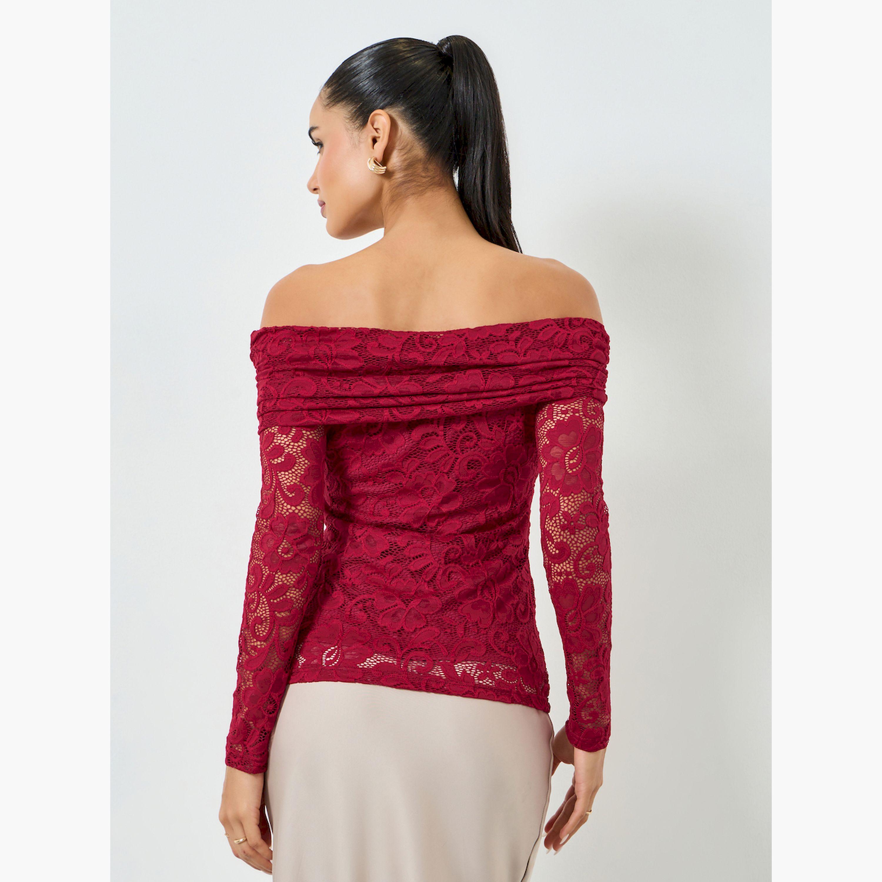 Styli Red Off-Shoulder Long Sleeve Lace Top-women-clothing-shirtsandblouses-blouses-image-4