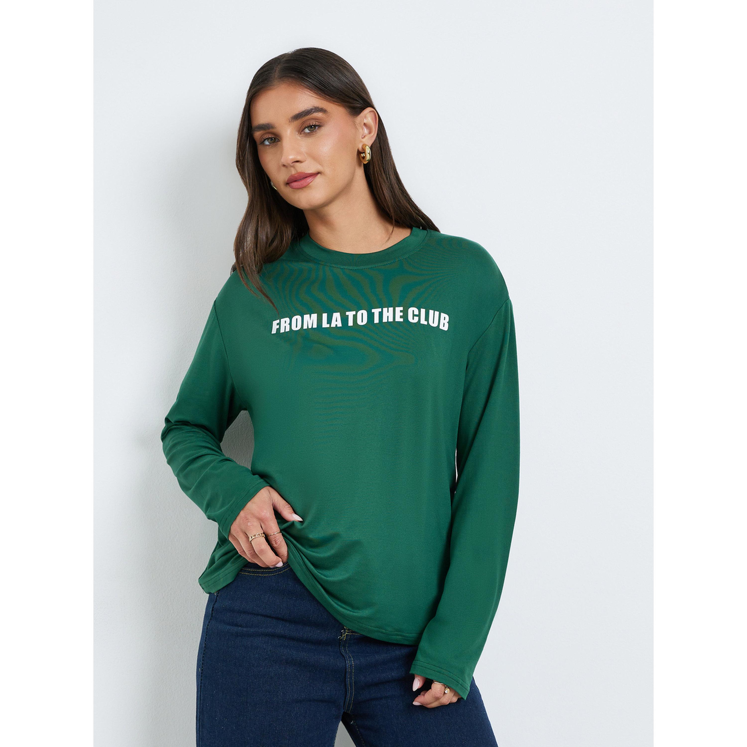 تيشيرت فضفاض بأكمام طويلة وطبعة شعار-women-clothing-tshirts-image-1