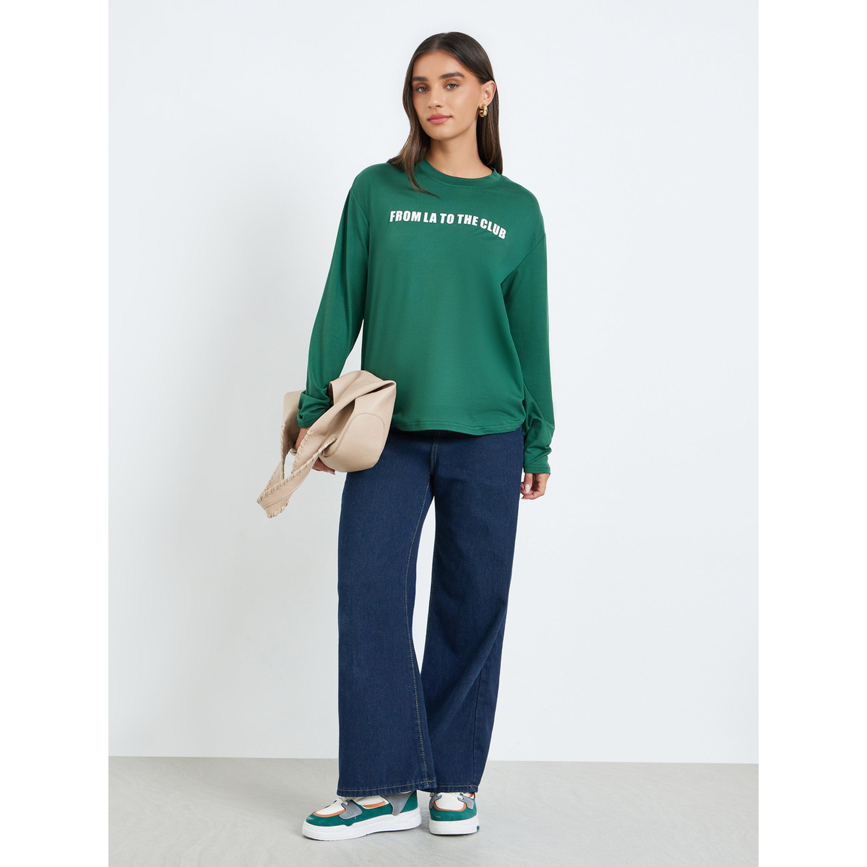 تيشيرت فضفاض بأكمام طويلة وطبعة شعار-women-clothing-tshirts-image-2