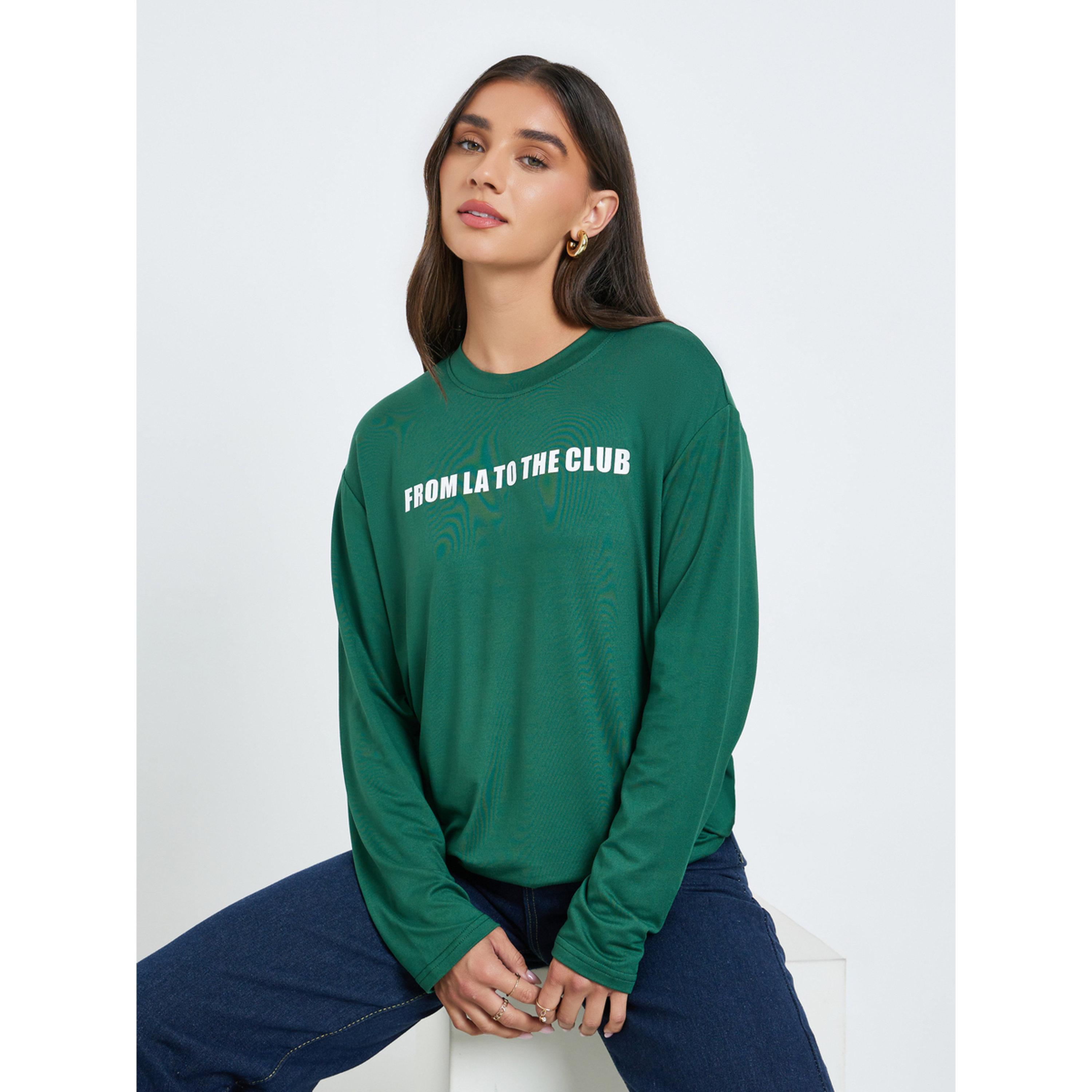 تيشيرت فضفاض بأكمام طويلة وطبعة شعار-women-clothing-tshirts-image-3