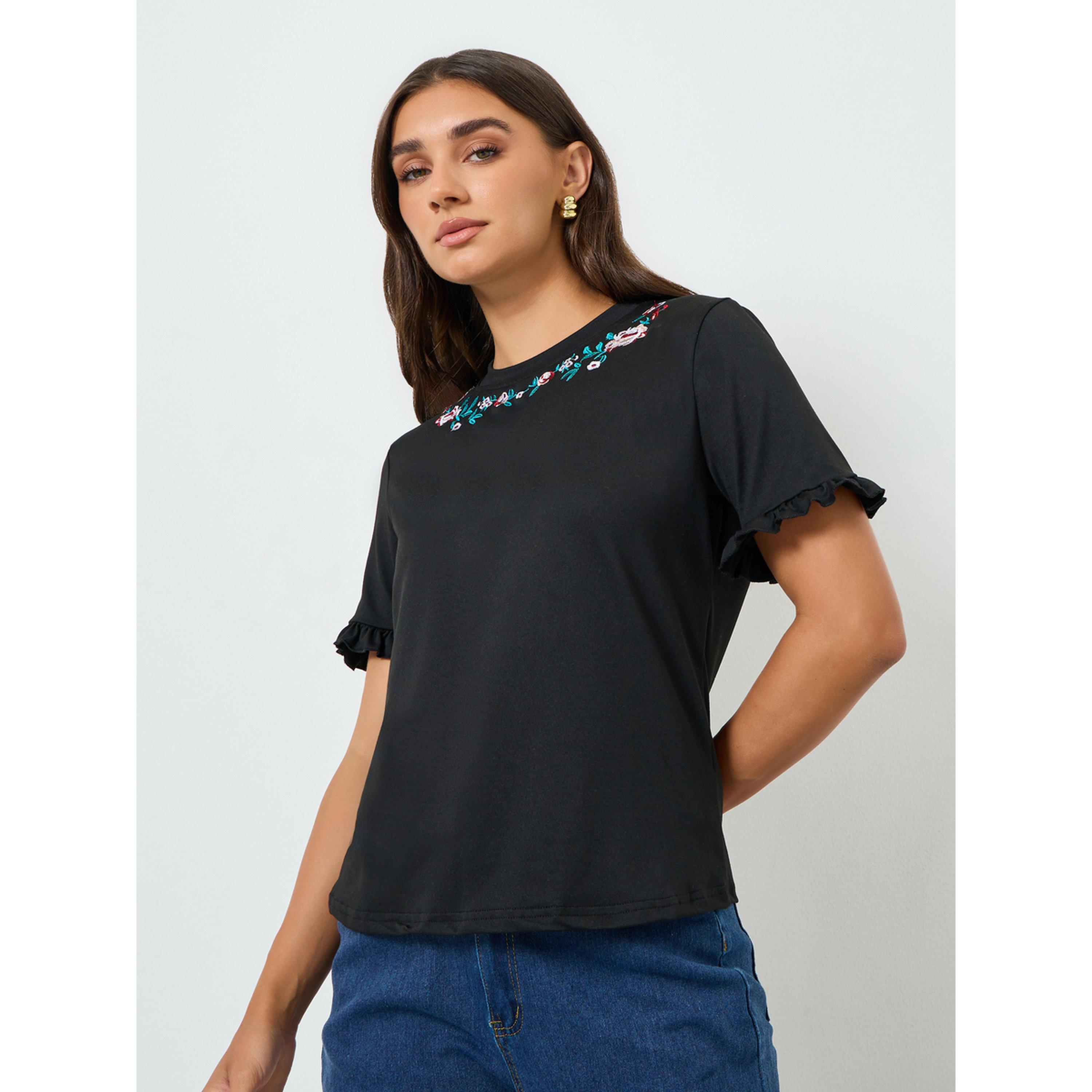 Styli Women Black Embroidered T-Shirt-women-clothing-tshirts-image-1
