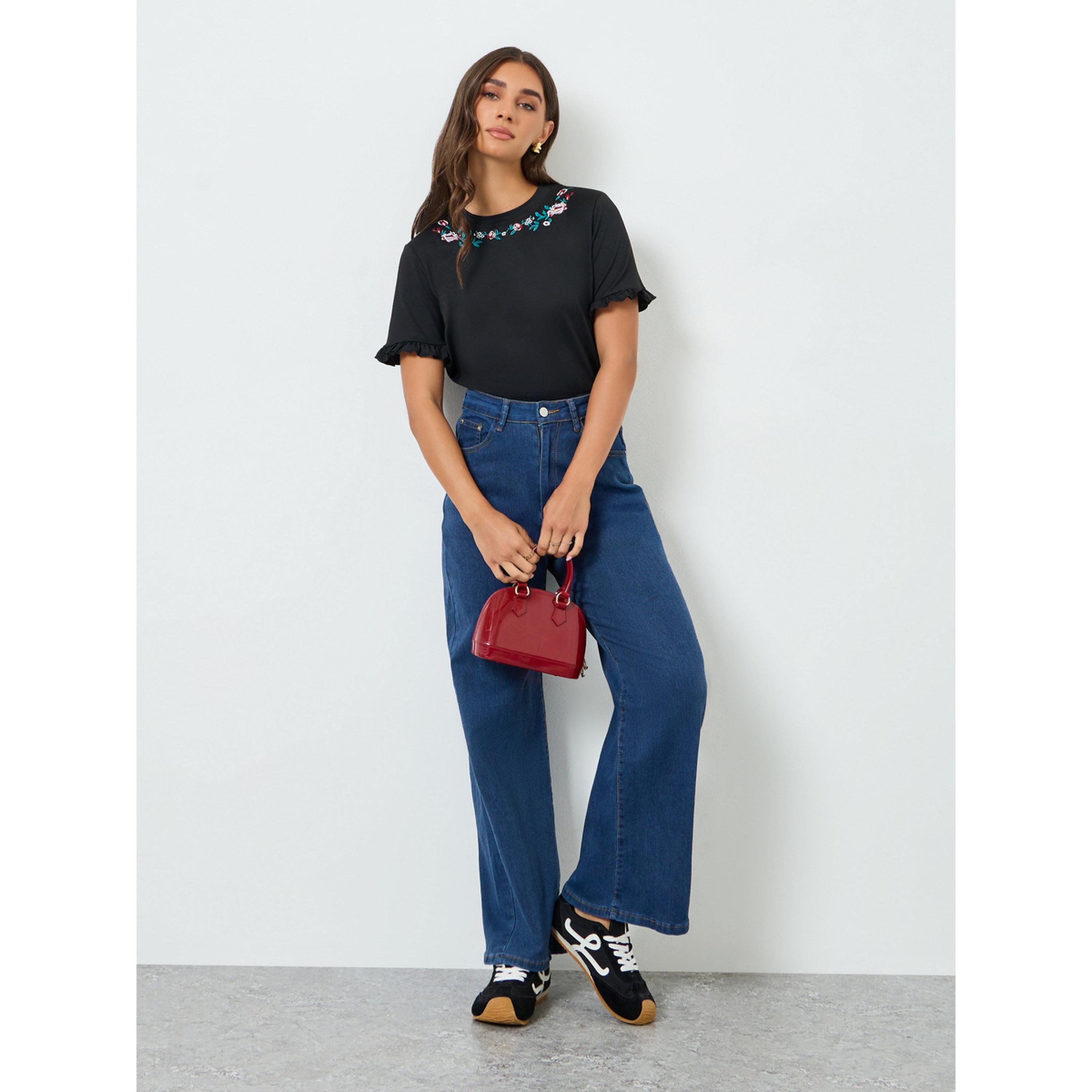 Styli Women Black Embroidered T-Shirt-women-clothing-tshirts-image-2