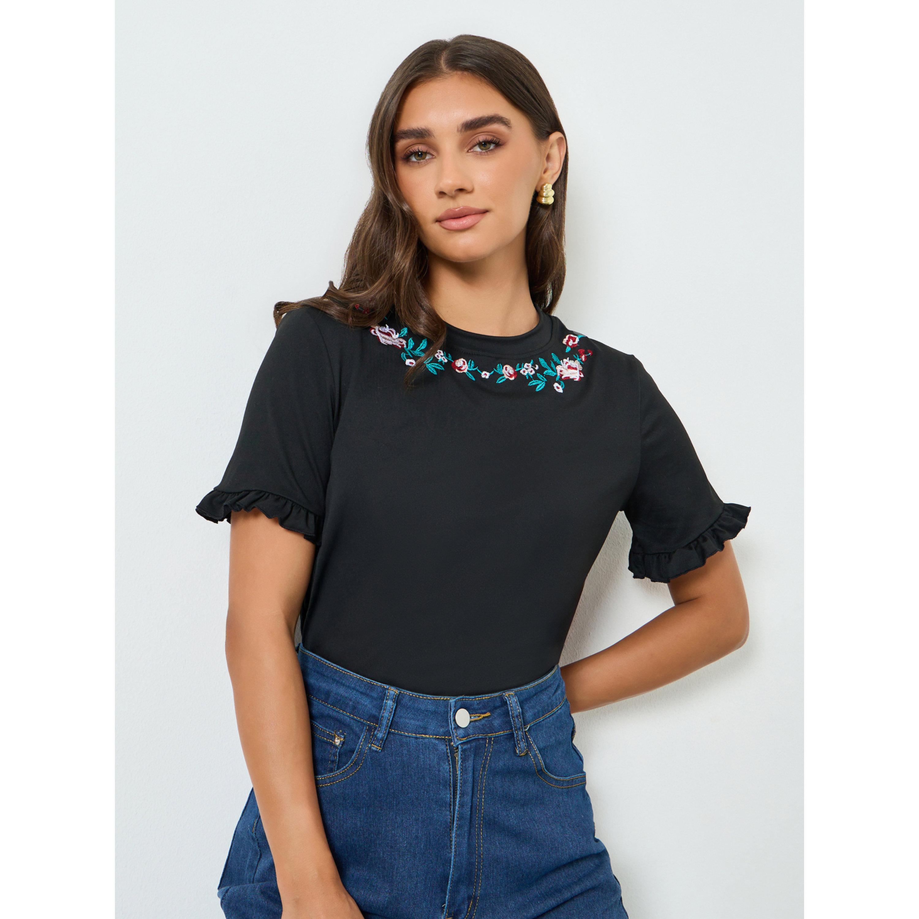 Styli Women Black Embroidered T-Shirt-women-clothing-tshirts-image-3