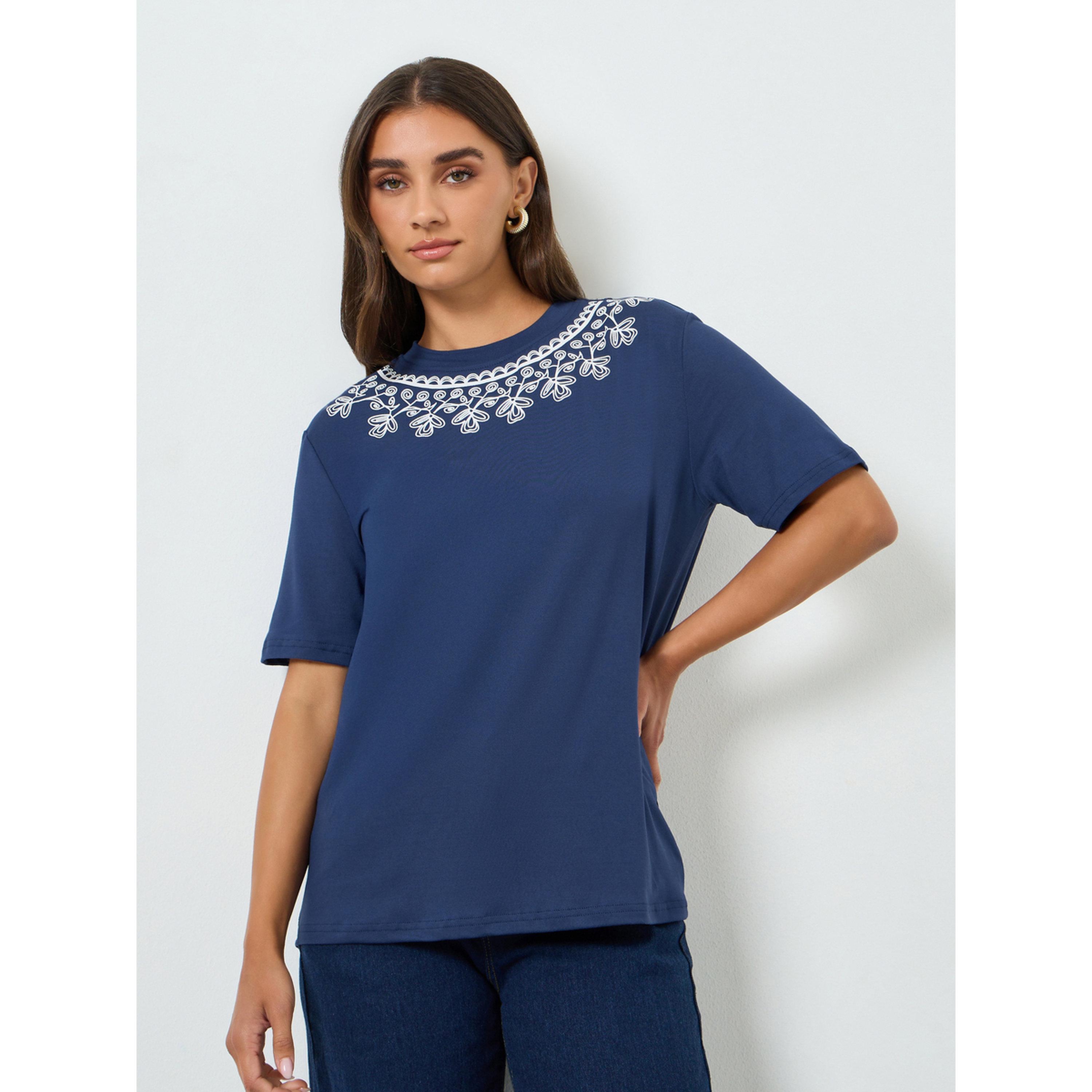 Styli Women Blue Floral Embroidered T-Shirt-women-clothing-tshirts-image-1
