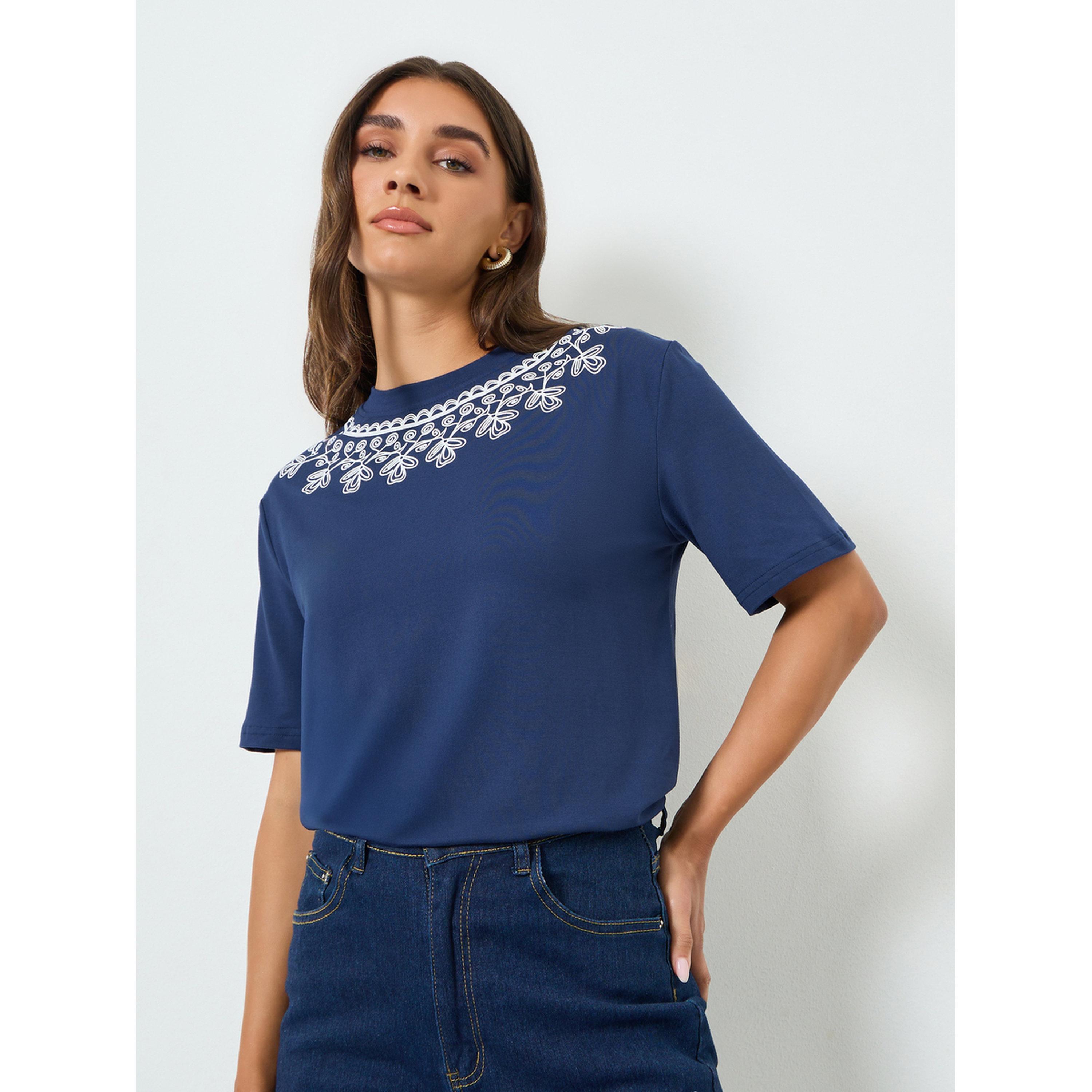 Styli Women Blue Floral Embroidered T-Shirt-women-clothing-tshirts-image-3