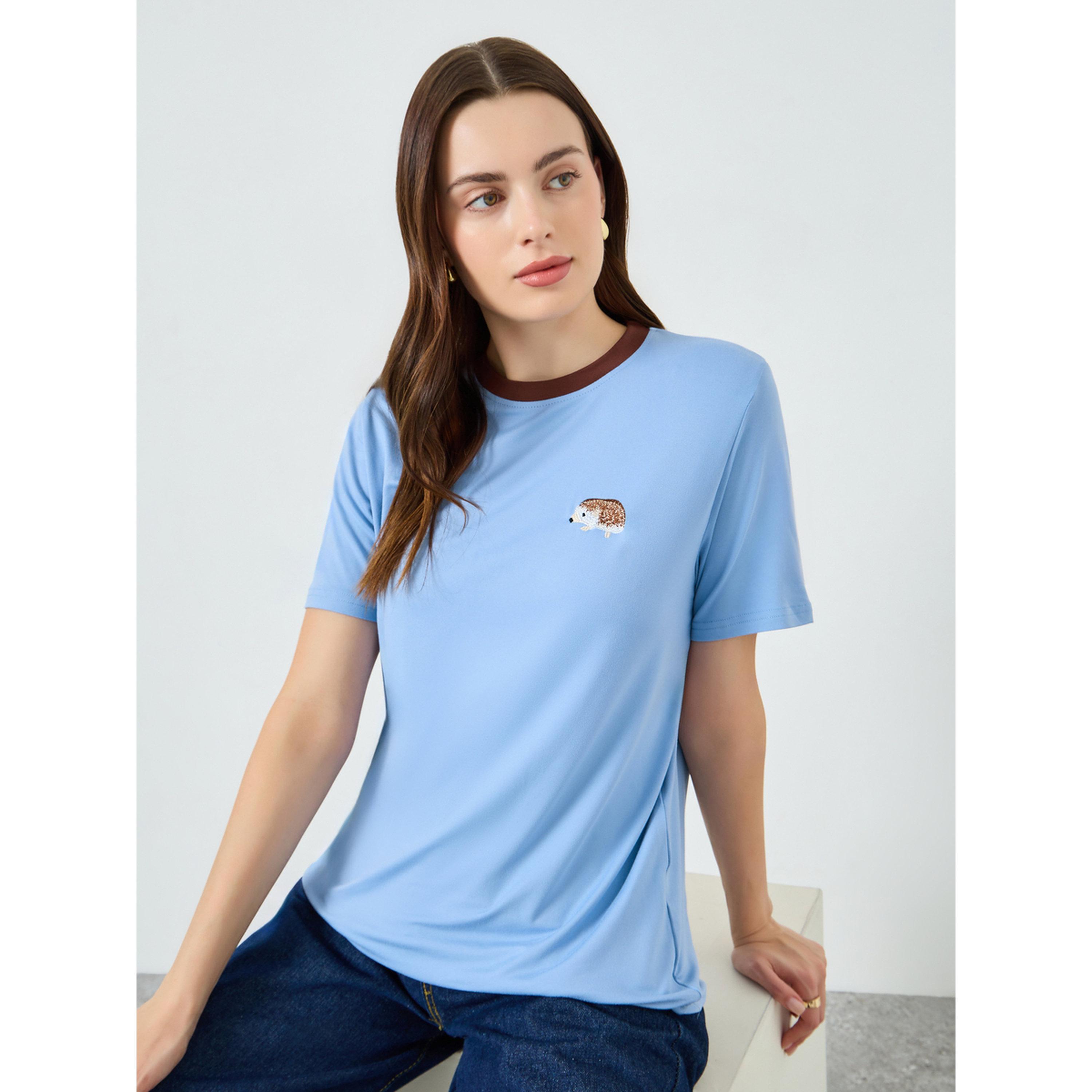 Styli Women Blue Embroidered Short Sleeve T-Shirt-women-clothing-tshirts-image-3