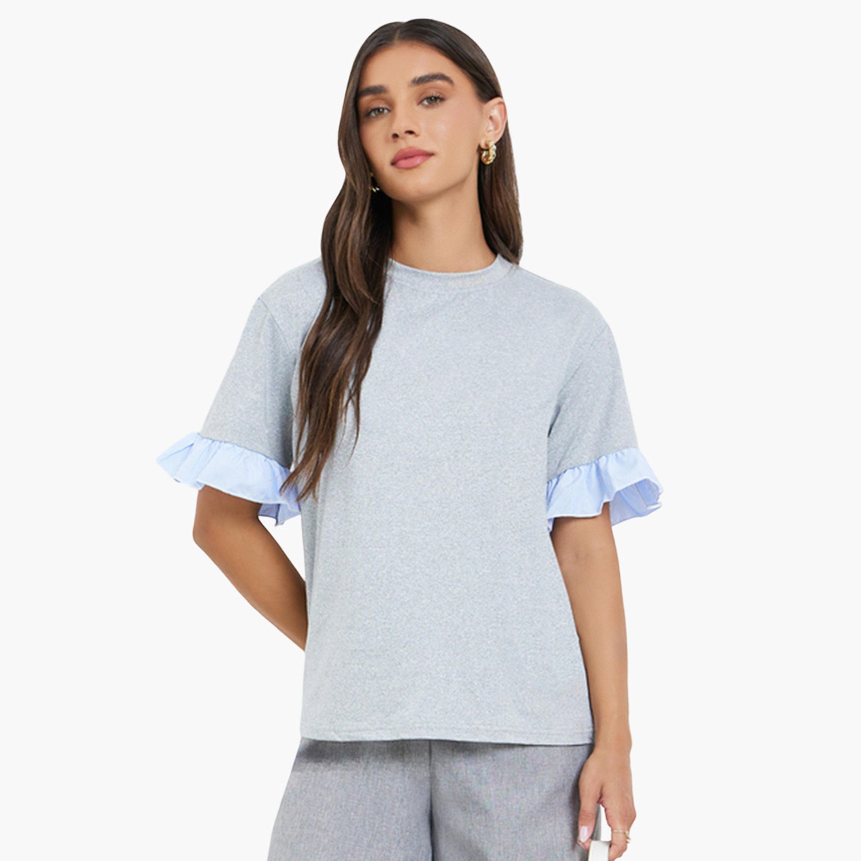Styli Women Grey Ruffled Trim T-Shirt-women-clothing-tshirts-image-1