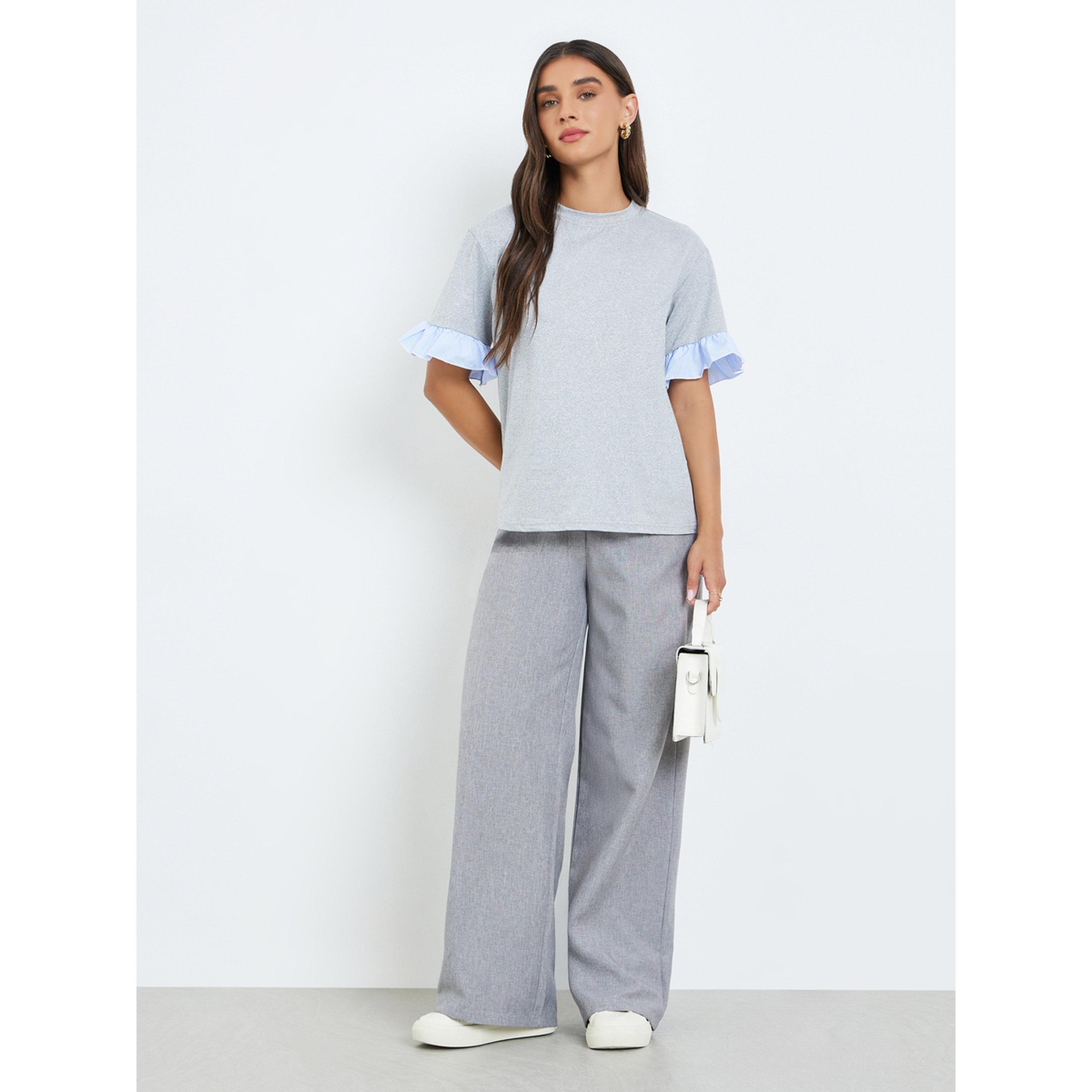 Styli Women Grey Ruffled Trim T-Shirt-women-clothing-tshirts-image-2