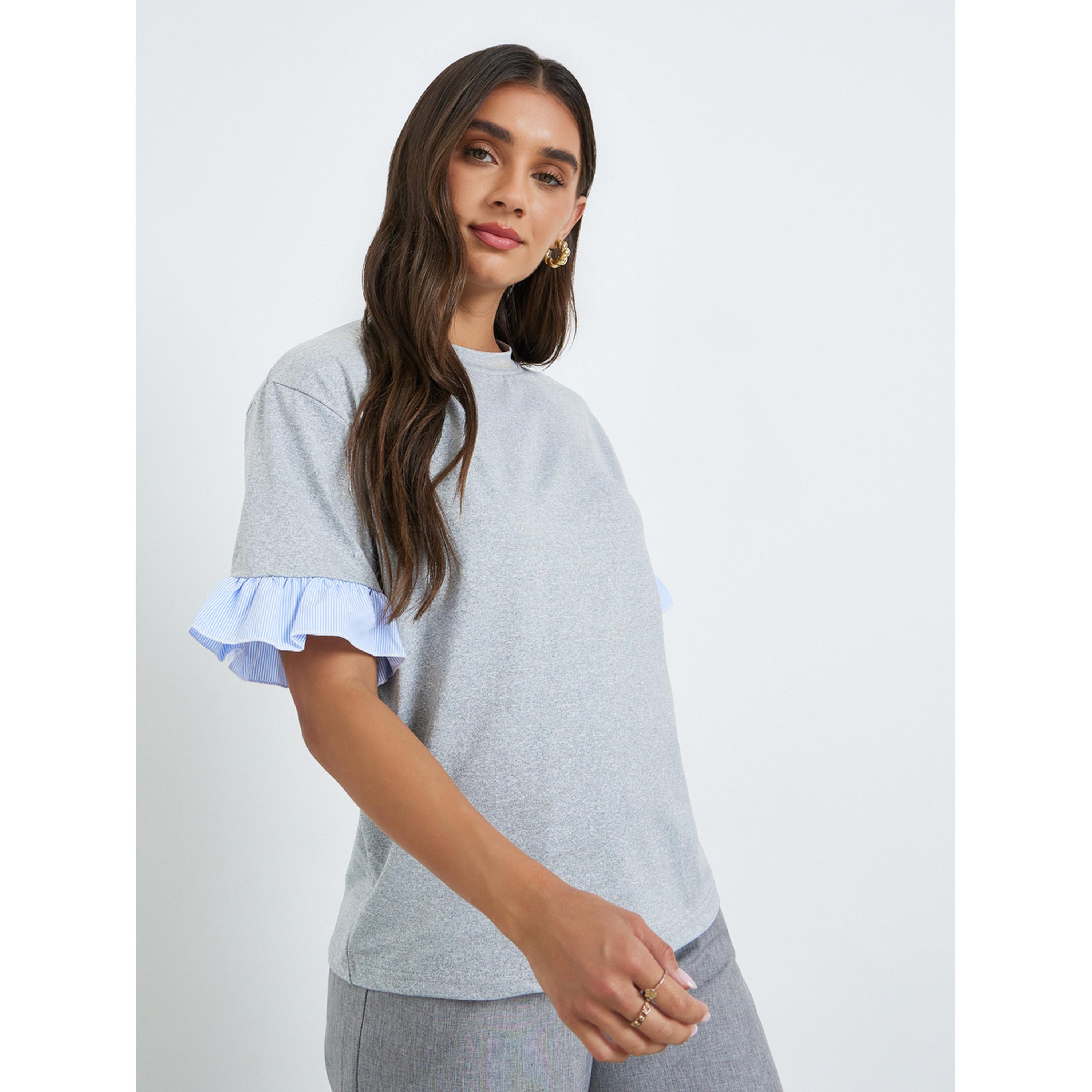 Styli Women Grey Ruffled Trim T-Shirt-women-clothing-tshirts-image-3