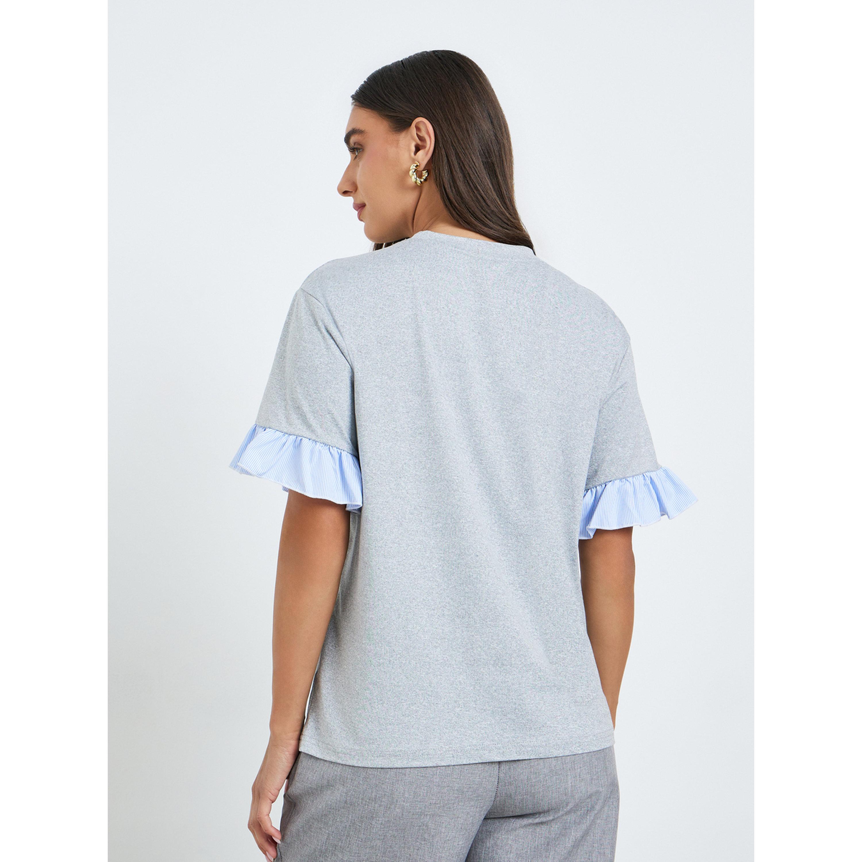 Styli Women Grey Ruffled Trim T-Shirt-women-clothing-tshirts-image-4