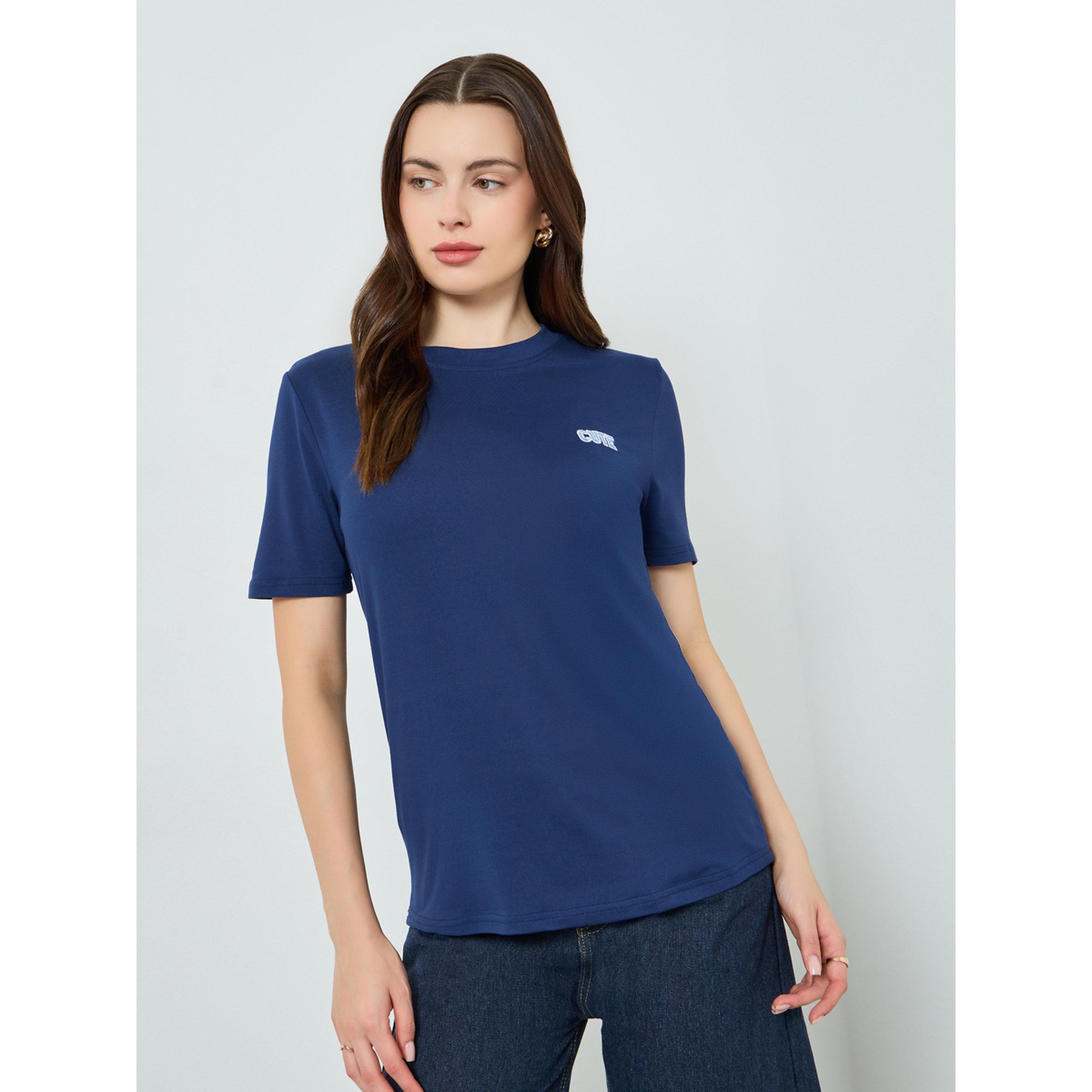 Styli Women Navy Blue Embroidered T-Shirt-women-clothing-tshirts-image-1