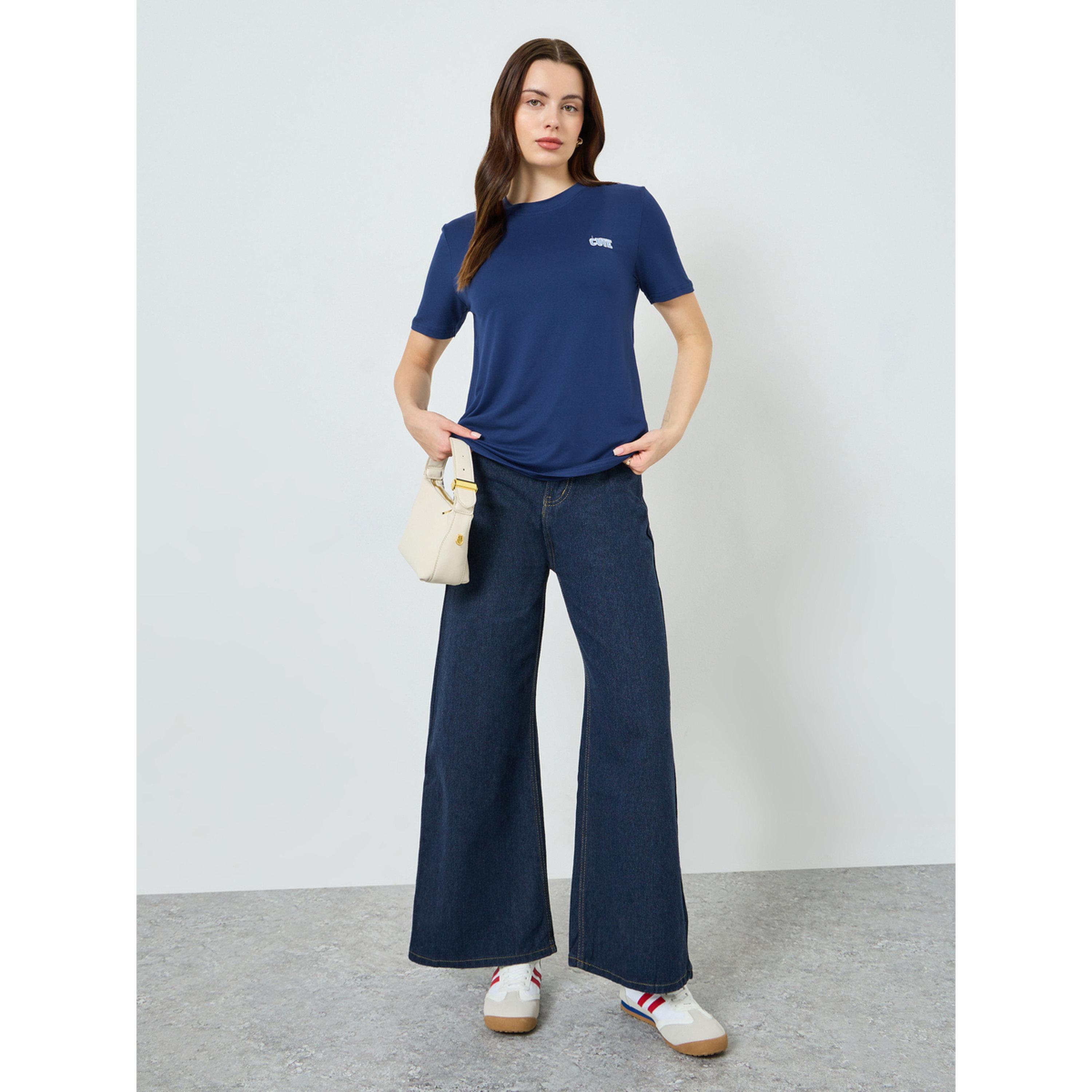 Styli Women Navy Blue Embroidered T-Shirt-women-clothing-tshirts-image-2