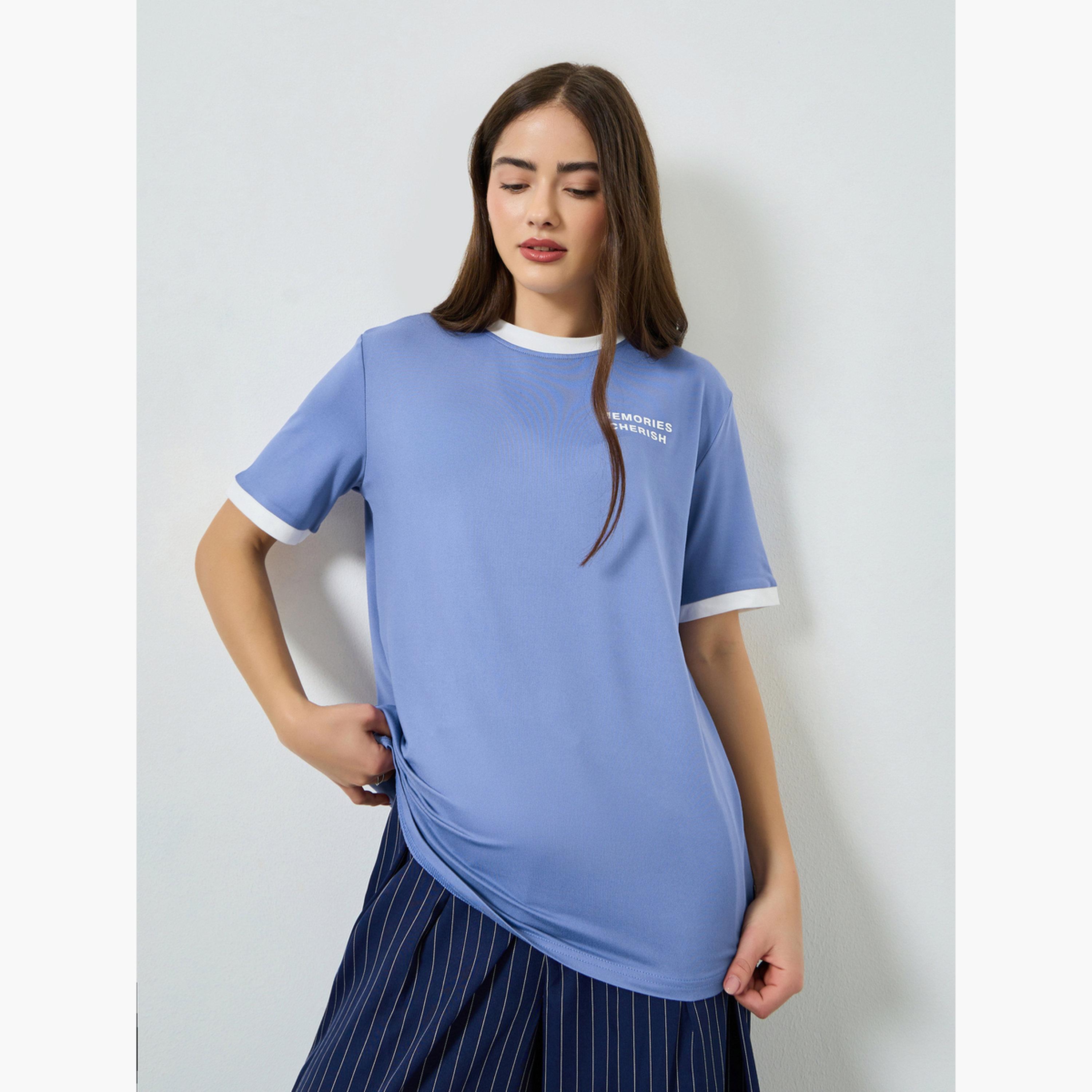 Styli Blue Longline Contrast Trim T-Shirt-women-clothing-tshirts-image-1