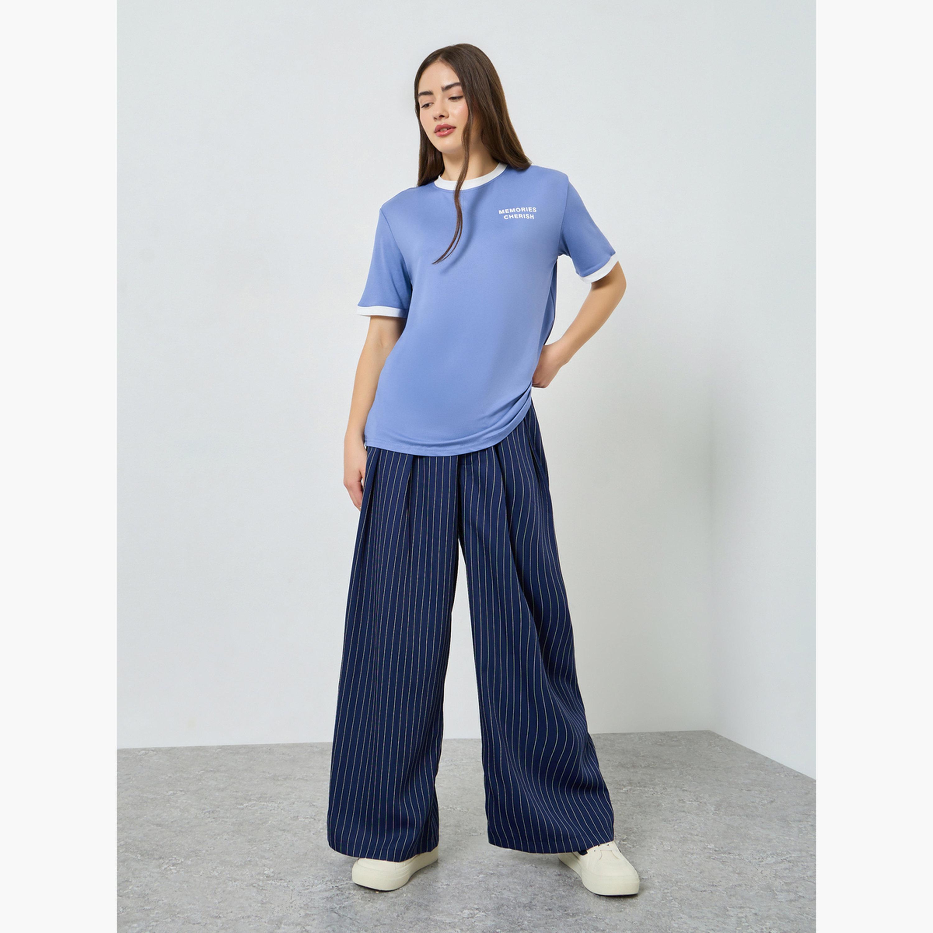 Styli Blue Longline Contrast Trim T-Shirt-women-clothing-tshirts-image-2