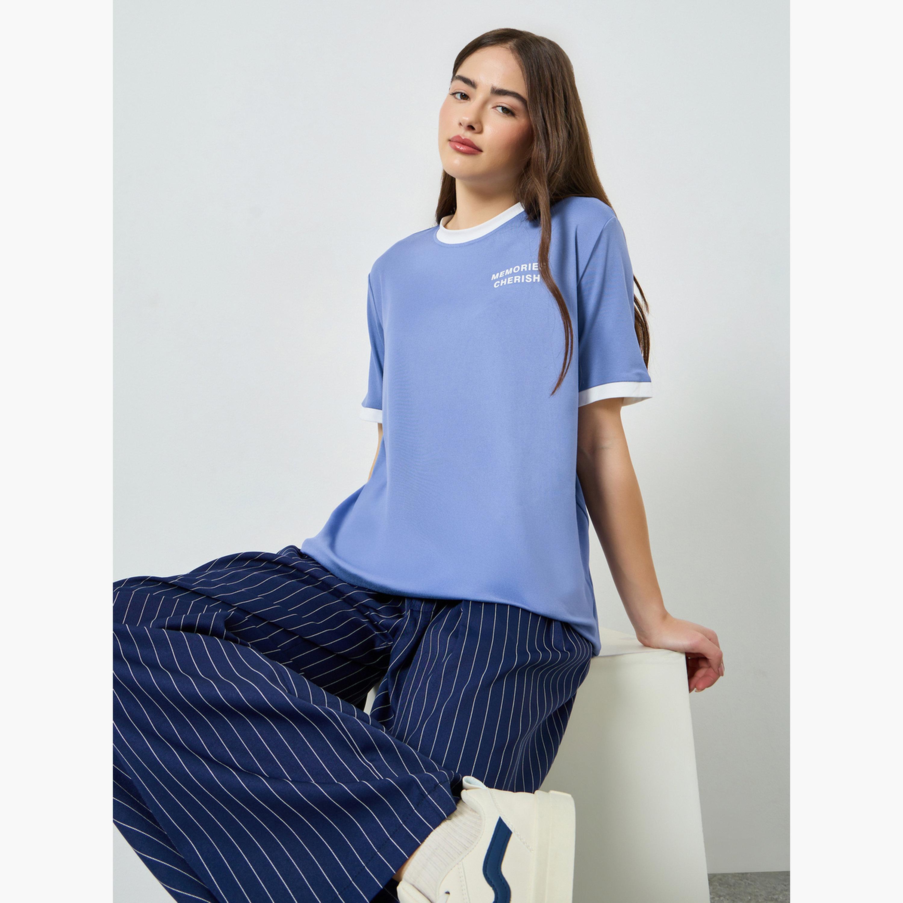 Styli Blue Longline Contrast Trim T-Shirt-women-clothing-tshirts-image-3
