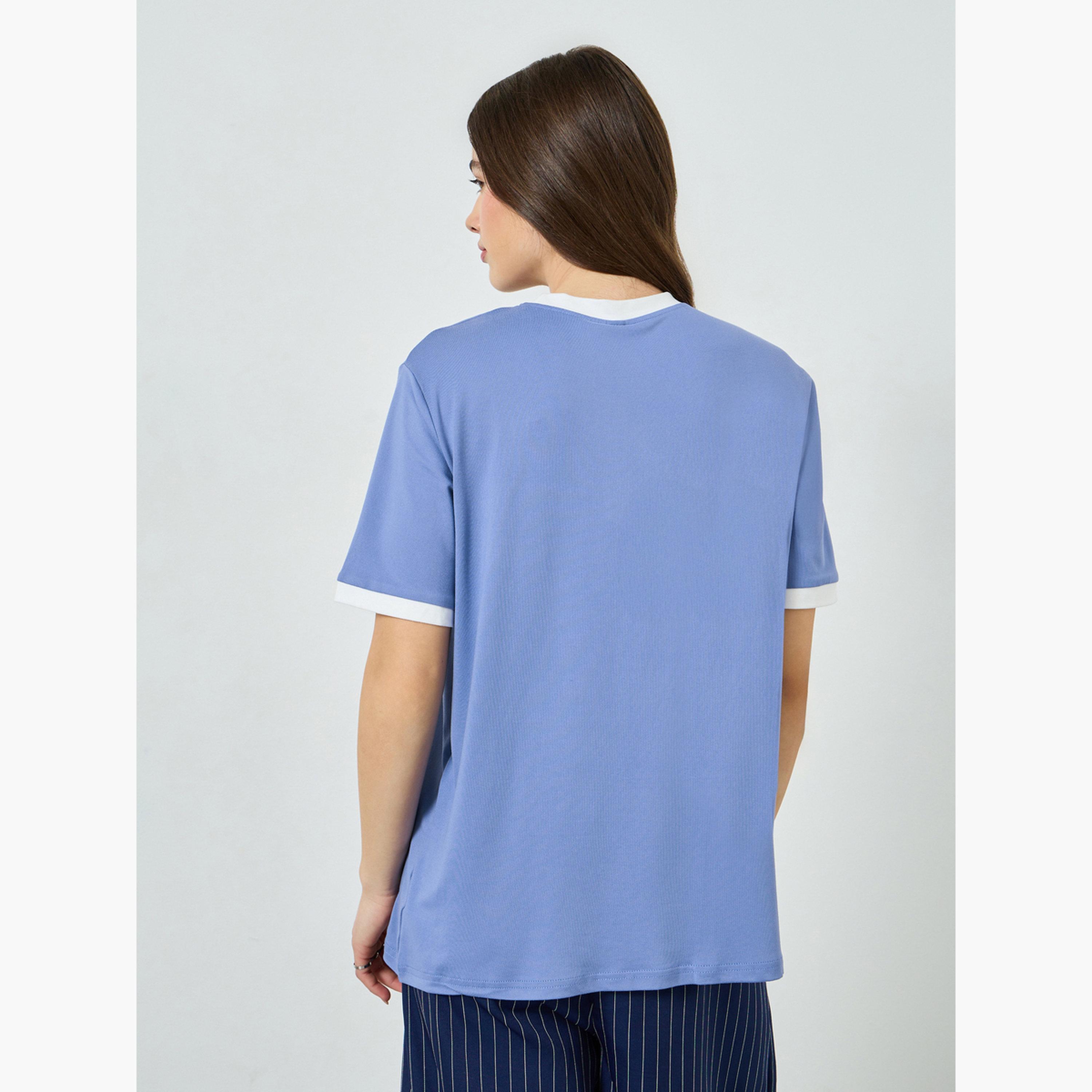 Styli Blue Longline Contrast Trim T-Shirt-women-clothing-tshirts-image-5